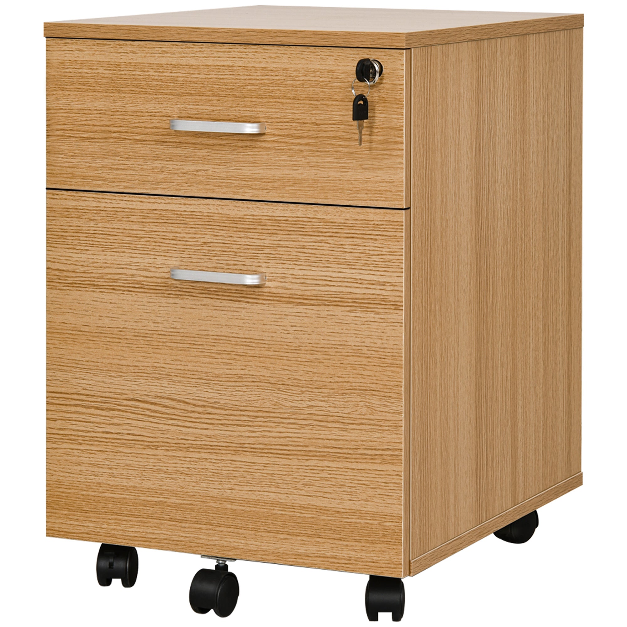 Vinsetto 2 Drawer File Cabinet with Lock and Keys, Mobile Vertical Filing Cabinet with Wheels and Drawers, Home Office Cabinet, Natural
