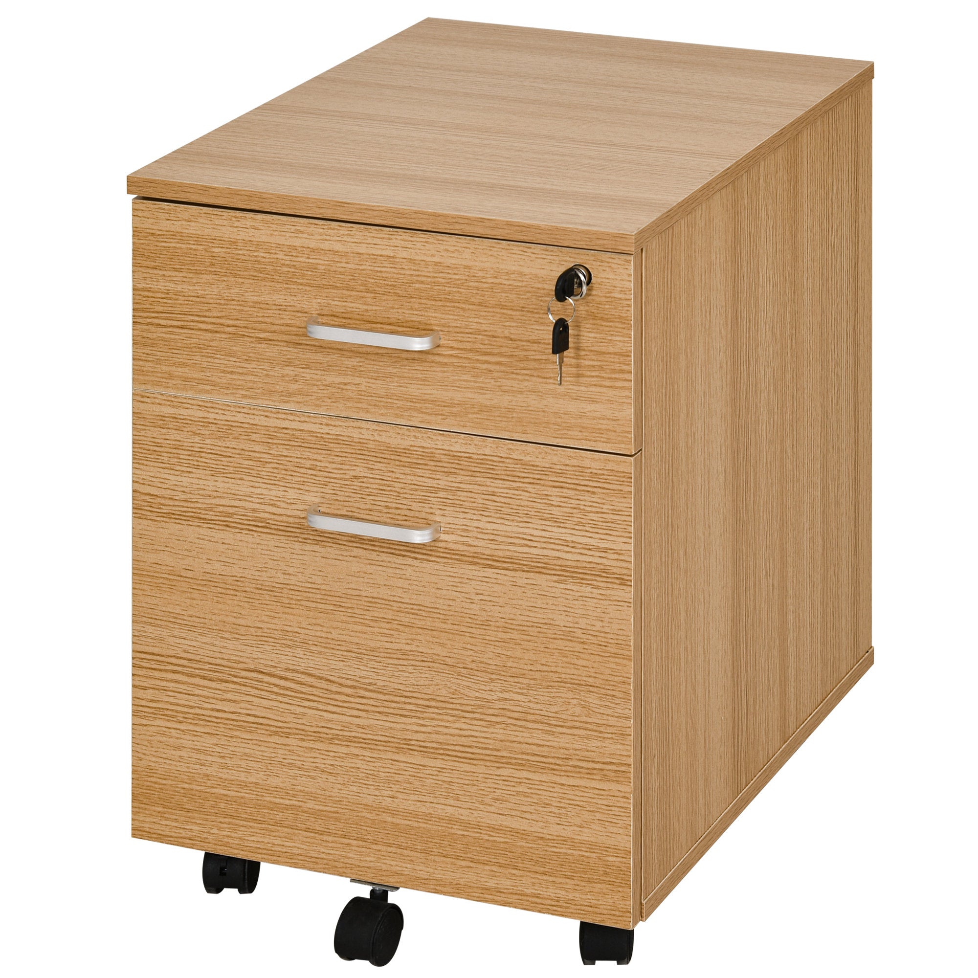 Vinsetto 2 Drawer File Cabinet with Lock and Keys, Mobile Vertical Filing Cabinet with Wheels and Drawers, Home Office Cabinet, Natural