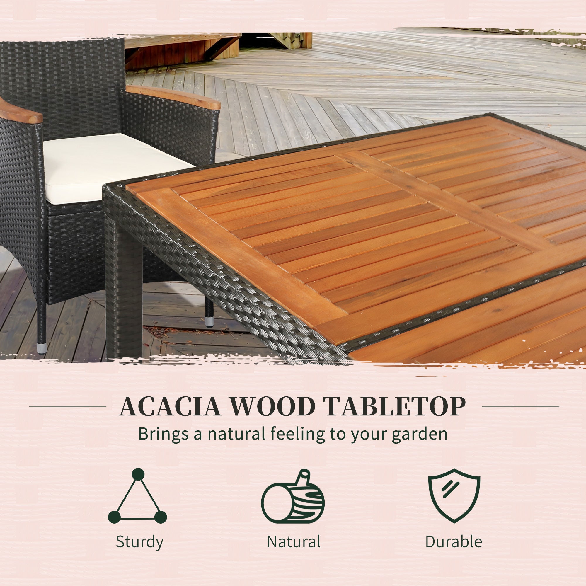 Outsunny 7 Pieces Wicker Patio Dining Set Outdoor Furniture Set with Removable Cushions, Acacia Wood Top Dining Table, PE Rattan Conversation Set for Garden Poolside, Black