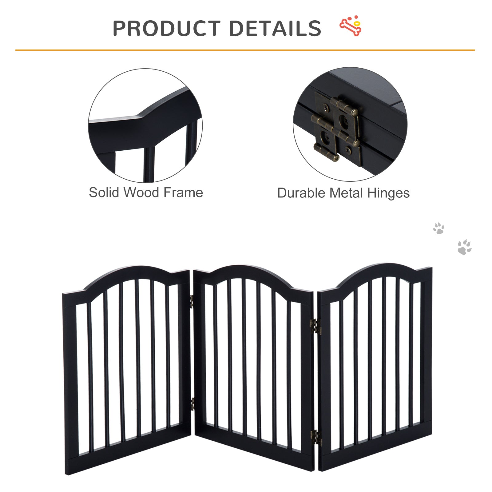 PawHut Wooden Foldable Dog Gate Panel Pet Fence Freestanding Safety Barrier for the House, Doorway, Stairs (Black)