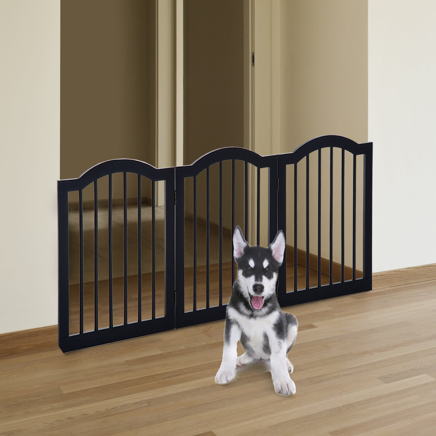PawHut Wooden Foldable Dog Gate Panel Pet Fence Freestanding Safety Barrier for the House, Doorway, Stairs (Black)