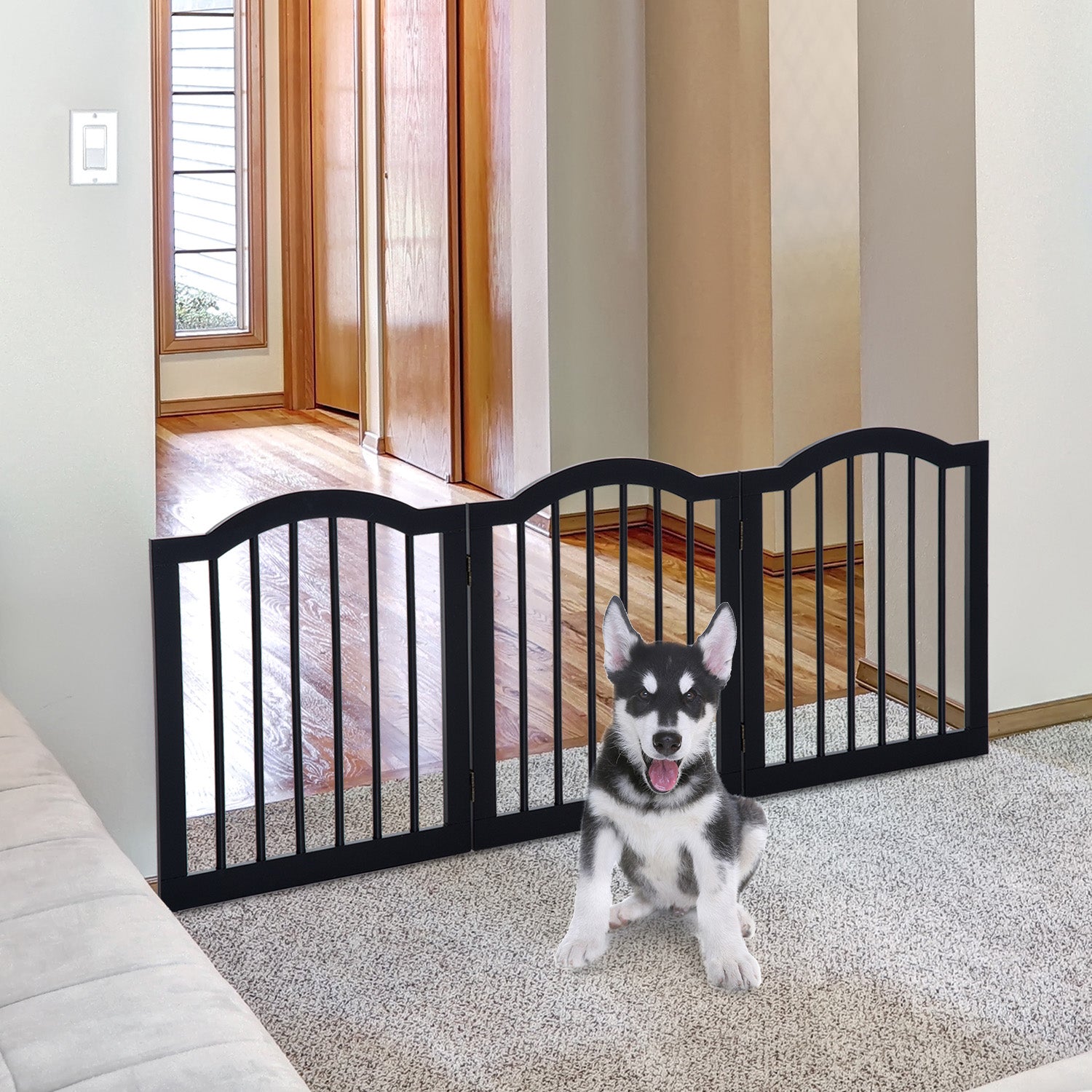 Pawhut Wooden Dog Gate Stepover Panel  Indoor Foldable Pet Fence Folding Safety Barrier (Black)