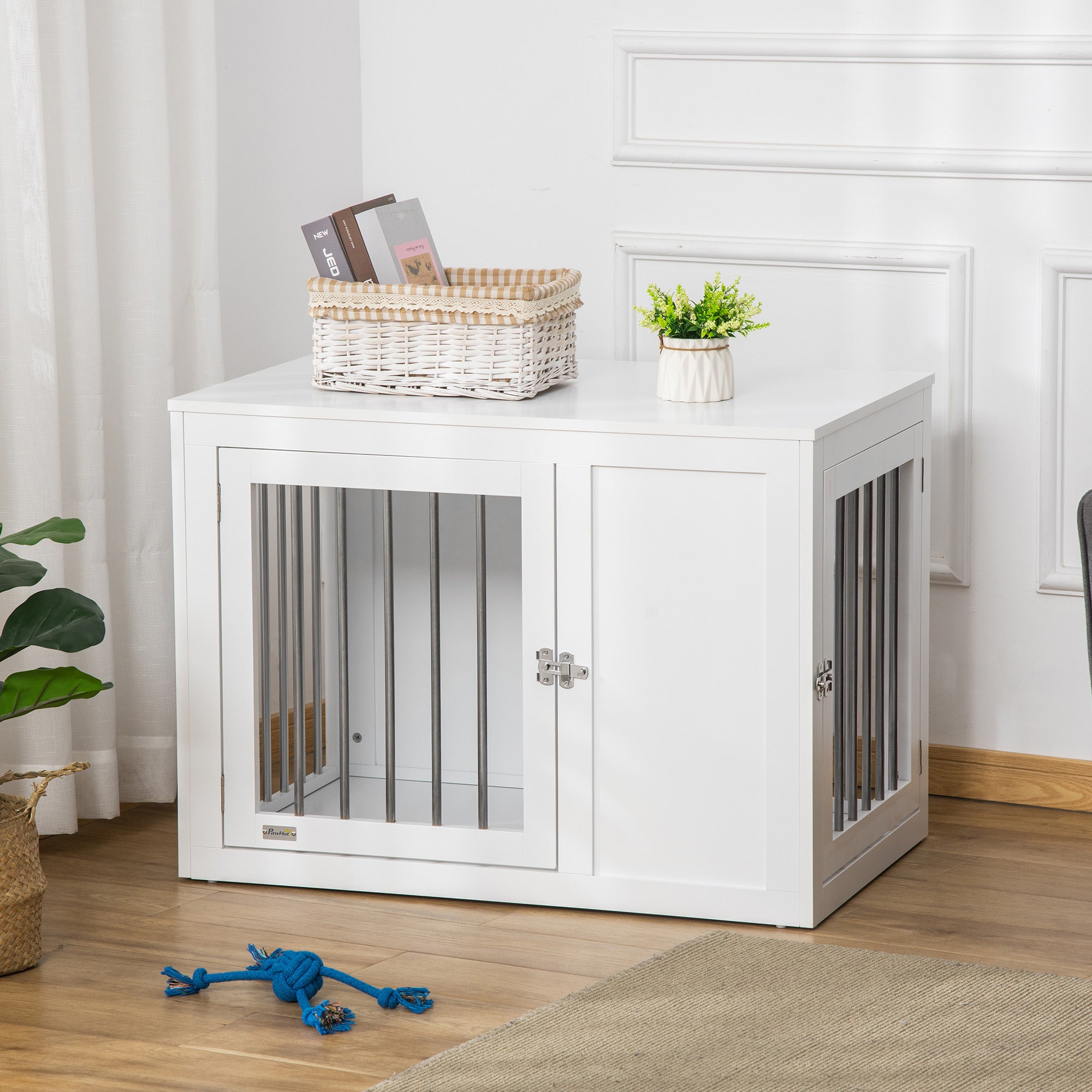 PawHut Furniture Style Dog Crate with Two Doors, End Table Pet Cage Kennel with Locks, for Medium Dogs - White