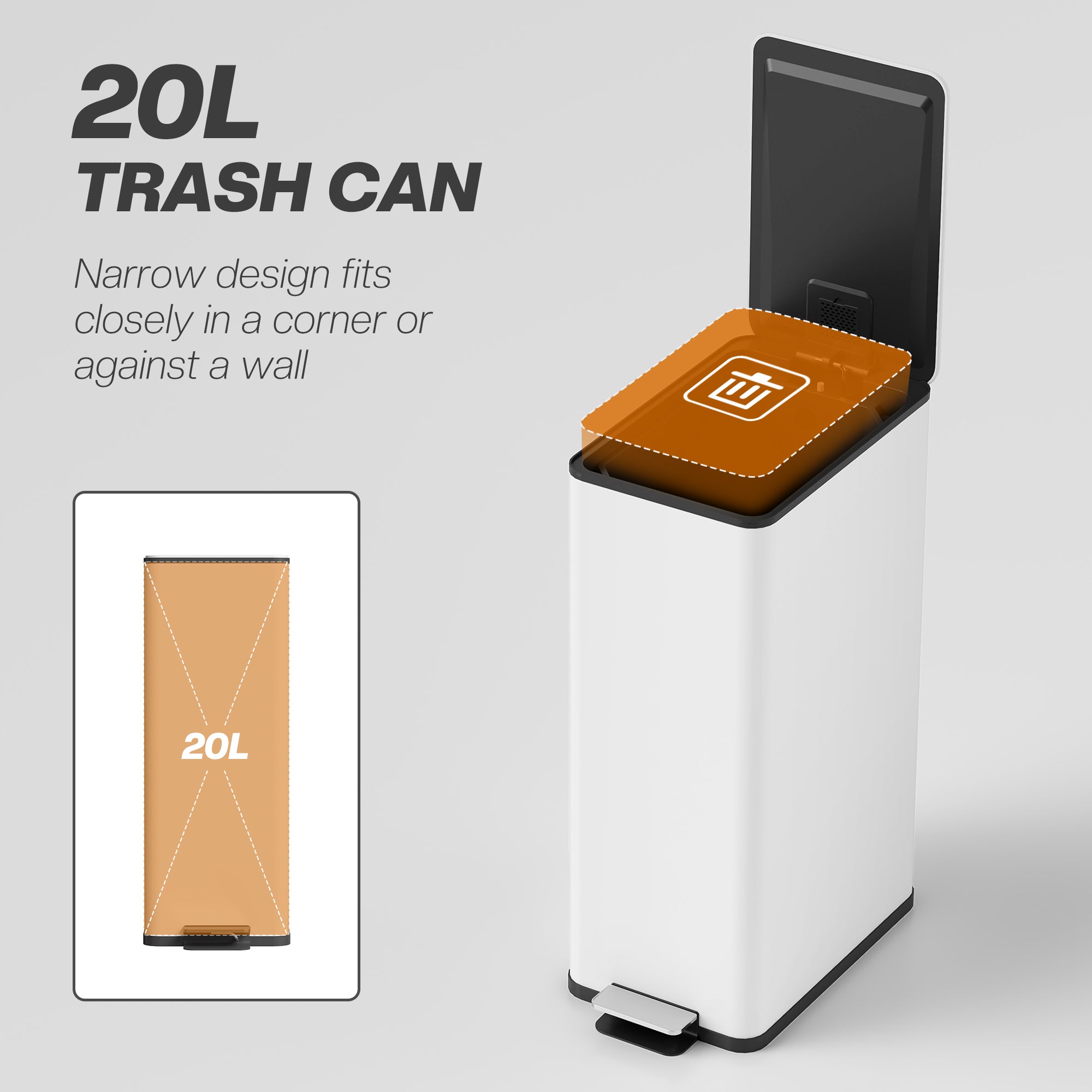 HOMCOM 5.3 Gallon/20 L Garbage Can, Fingerprint-proof Stainless Steel Kitchen Trash Can with Soft-close Lid and Foot Pedal, Slim Garbage Bin for Living Room, Home Office, White