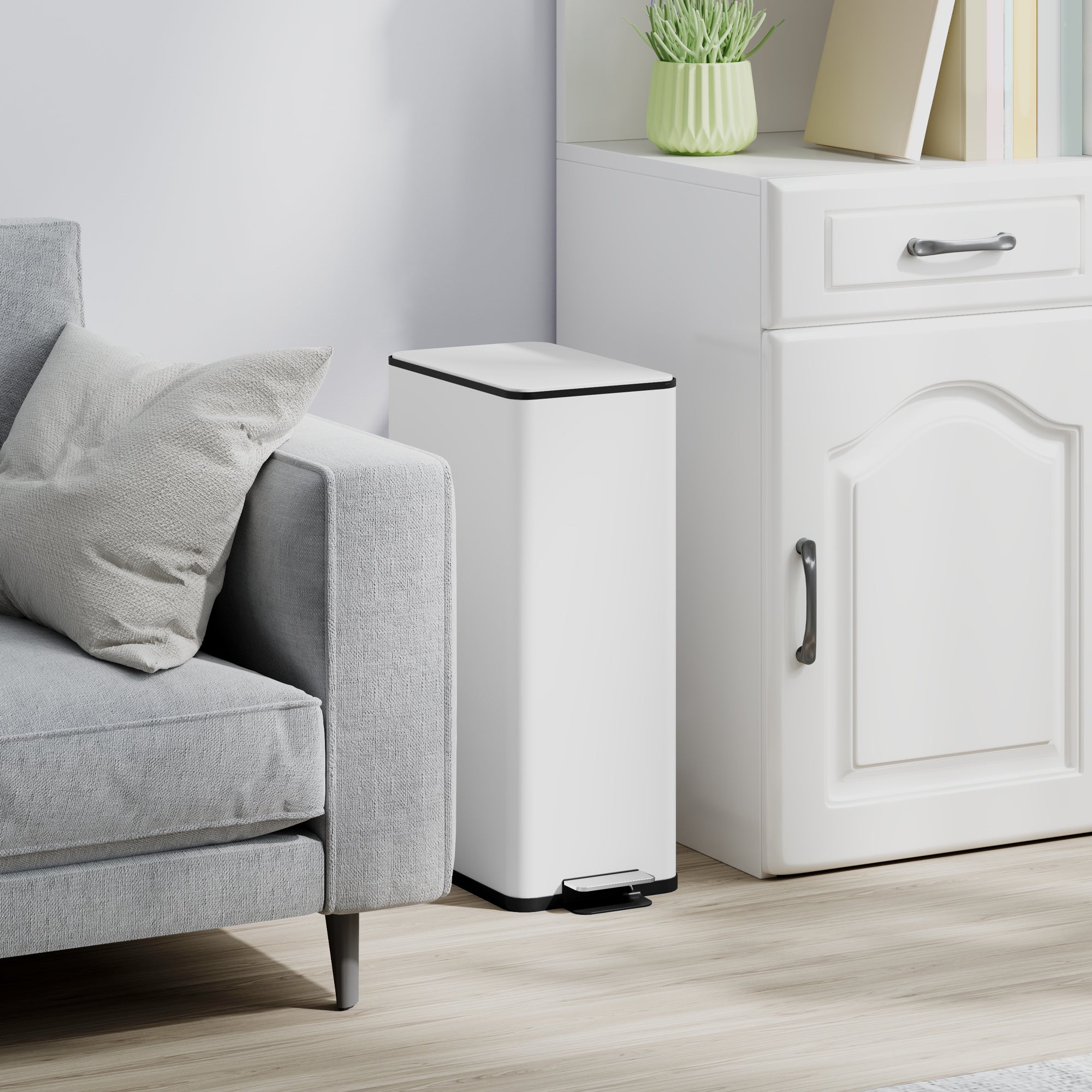 HOMCOM 5.3 Gallon/20 L Garbage Can, Fingerprint-proof Stainless Steel Kitchen Trash Can with Soft-close Lid and Foot Pedal, Slim Garbage Bin for Living Room, Home Office, White