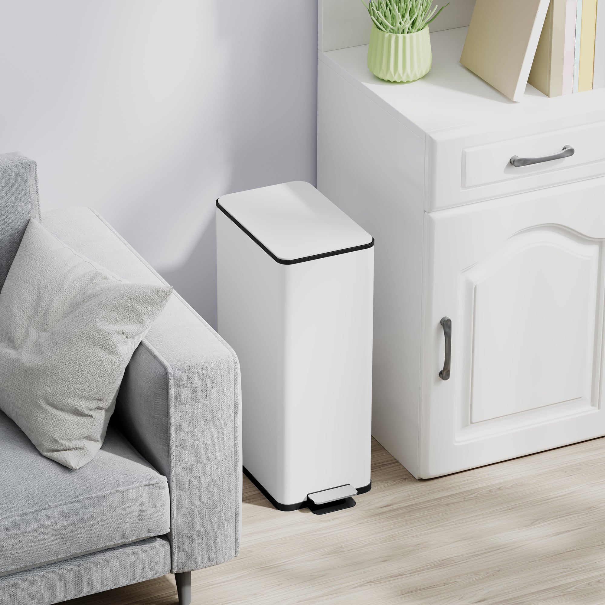 HOMCOM 5.3 Gallon/20 L Garbage Can, Fingerprint-proof Stainless Steel Kitchen Trash Can with Soft-close Lid and Foot Pedal, Slim Garbage Bin for Living Room, Home Office, White