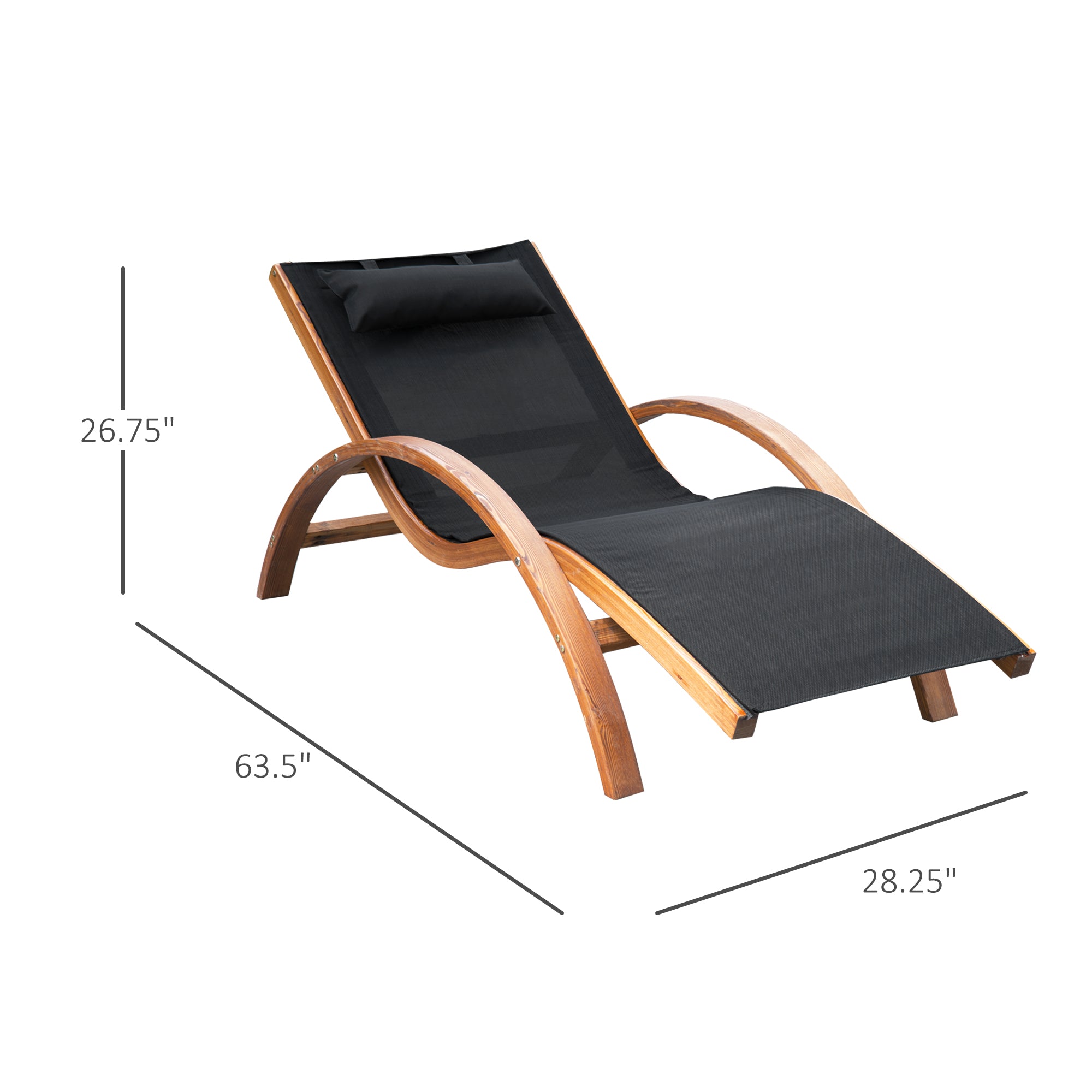 Outsunny Outdoor Lounge Chair, Patio Tanning Chair with Headrest, Garden Sun Lounger Recliner with Wood Frame, Texteline, Black