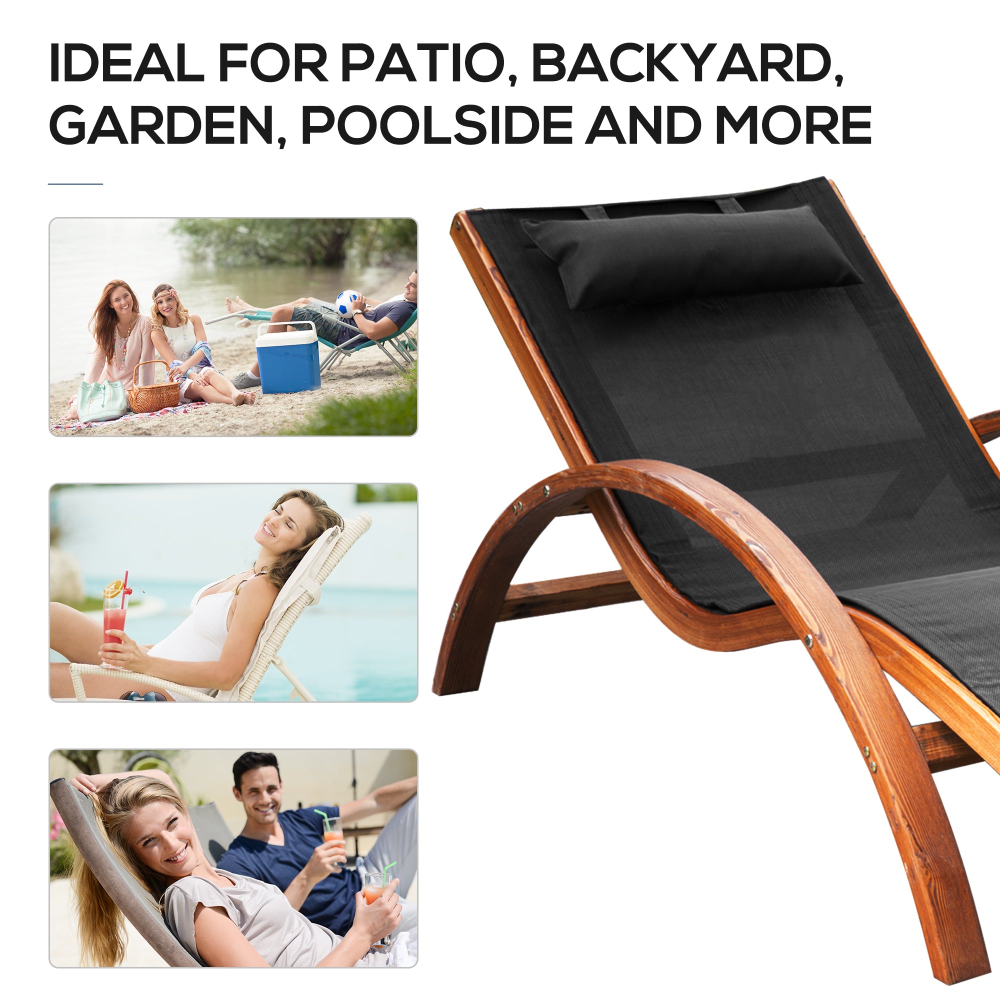 Outsunny Outdoor Lounge Chair, Patio Tanning Chair with Headrest, Garden Sun Lounger Recliner with Wood Frame, Texteline, Black
