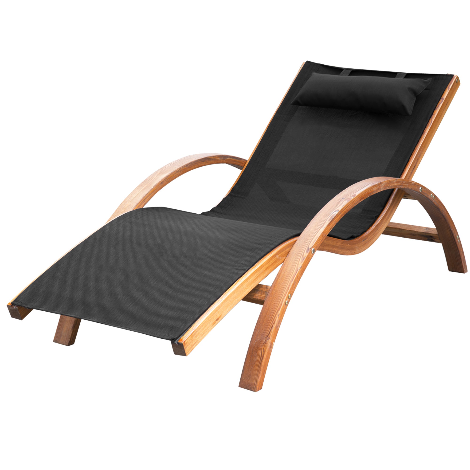 Outsunny Outdoor Lounge Chair, Patio Tanning Chair with Headrest, Garden Sun Lounger Recliner with Wood Frame, Texteline, Black