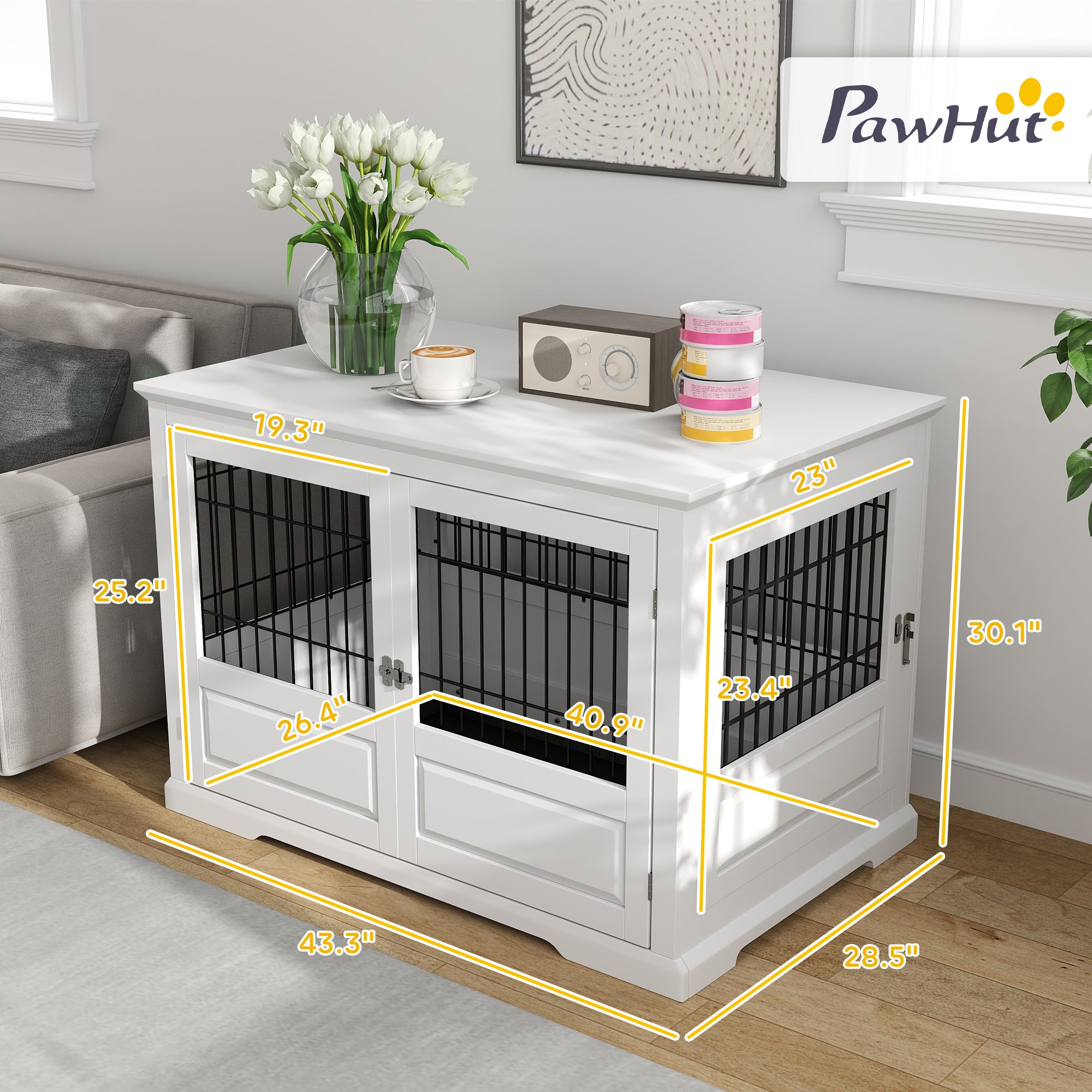 PawHut Dog Crate Furniture, 43" Dog Kennel End Table with 3 Doors, Removable Tray, Indoor Dog Cage for Extra Large Medium Small Dogs, White