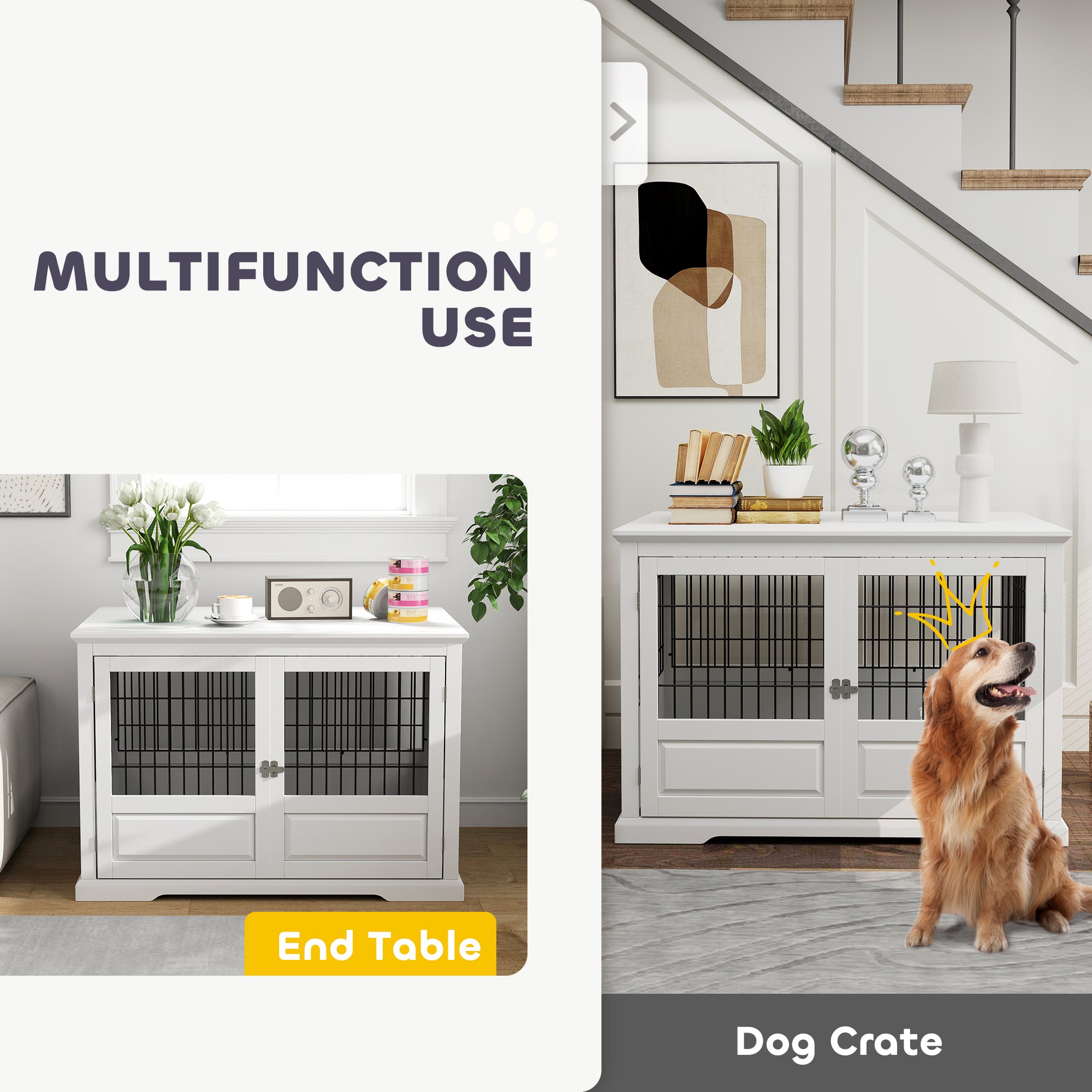 PawHut Dog Crate Furniture, 43" Dog Kennel End Table with 3 Doors, Removable Tray, Indoor Dog Cage for Extra Large Medium Small Dogs, White