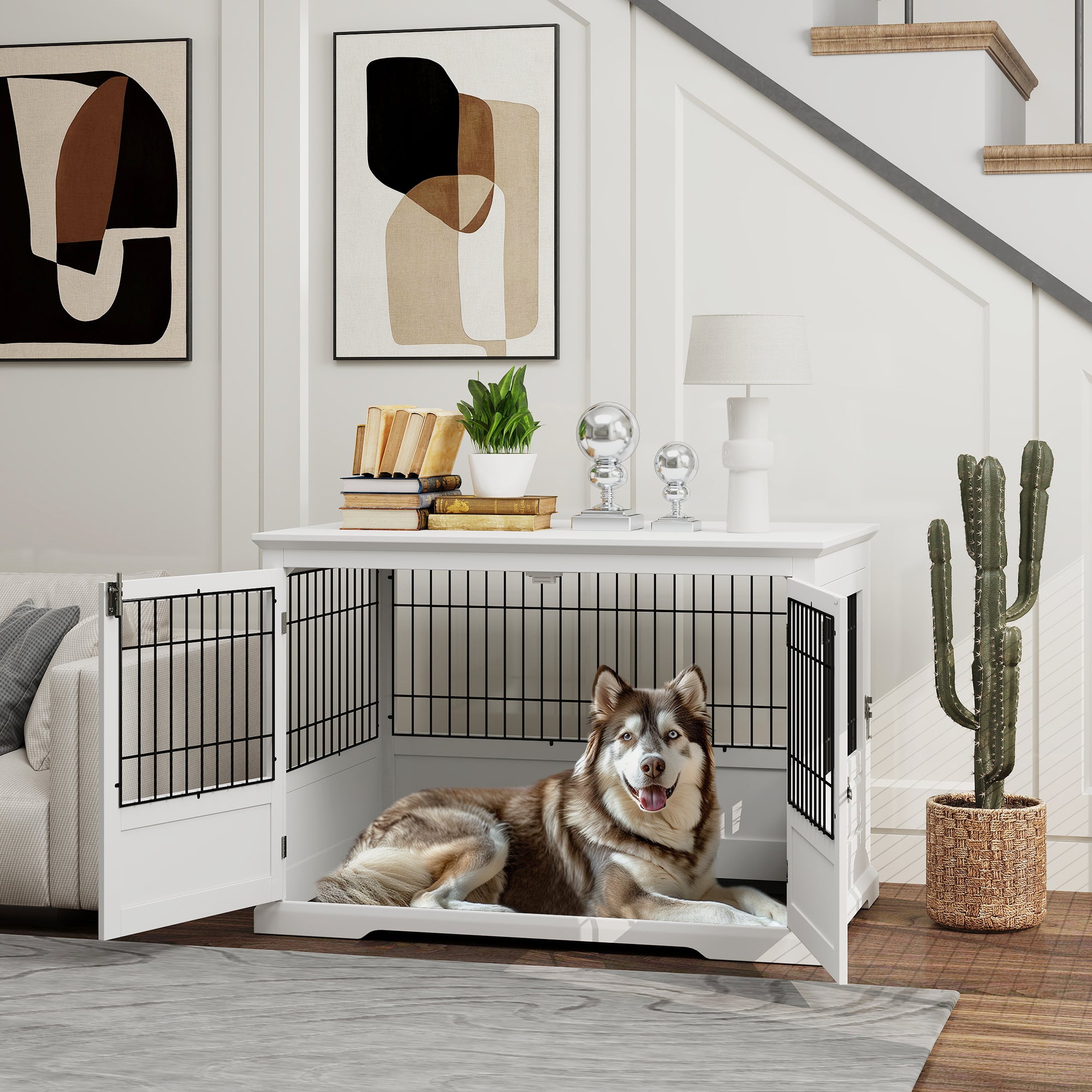 PawHut Dog Crate Furniture, 43" Dog Kennel End Table with 3 Doors, Removable Tray, Indoor Dog Cage for Extra Large Medium Small Dogs, White