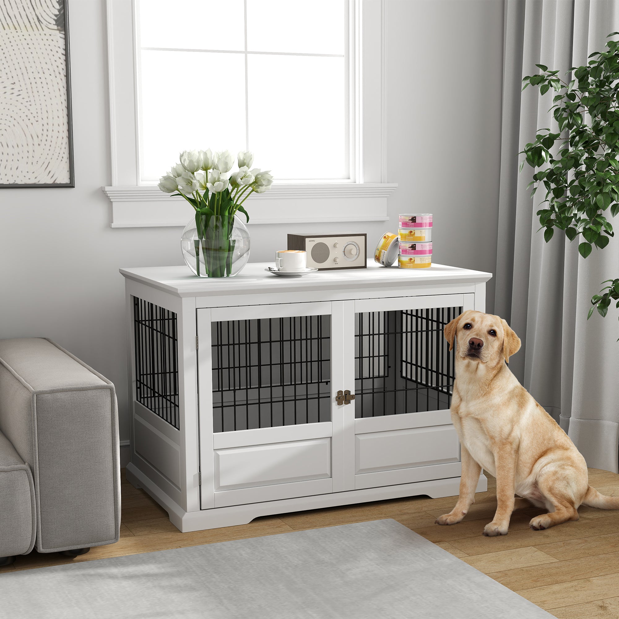 PawHut Dog Crate Furniture, 43" Dog Kennel End Table with 3 Doors, Removable Tray, Indoor Dog Cage for Extra Large Medium Small Dogs, White