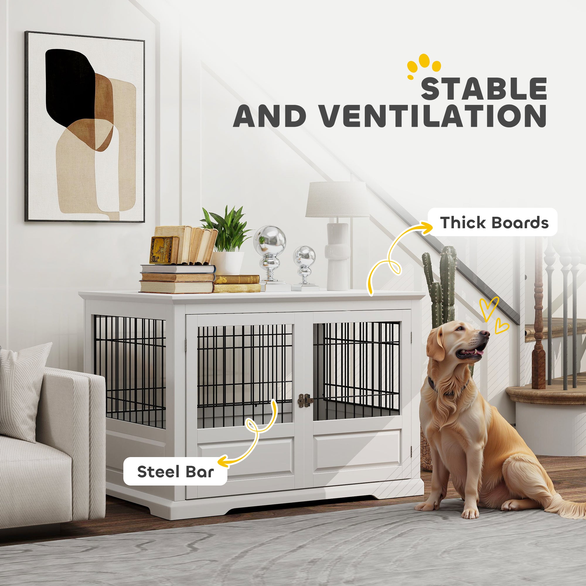 PawHut Dog Crate Furniture, 43" Dog Kennel End Table with 3 Doors, Removable Tray, Indoor Dog Cage for Extra Large Medium Small Dogs, White