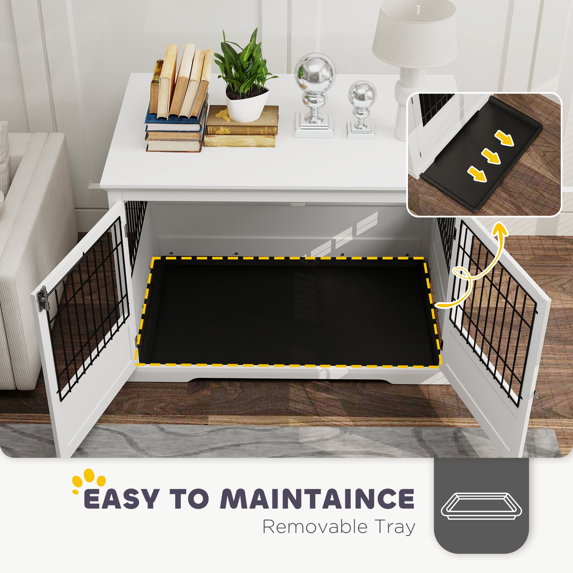 PawHut Dog Crate Furniture, 43" Dog Kennel End Table with 3 Doors, Removable Tray, Indoor Dog Cage for Extra Large Medium Small Dogs, White