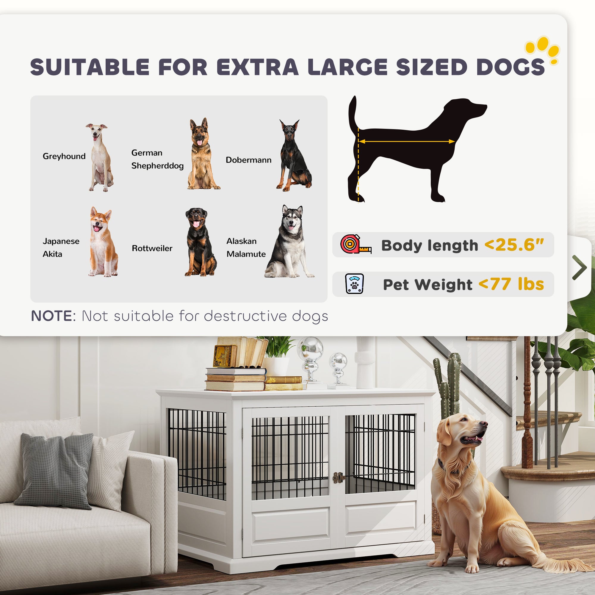 PawHut Dog Crate Furniture, 43" Dog Kennel End Table with 3 Doors, Removable Tray, Indoor Dog Cage for Extra Large Medium Small Dogs, White