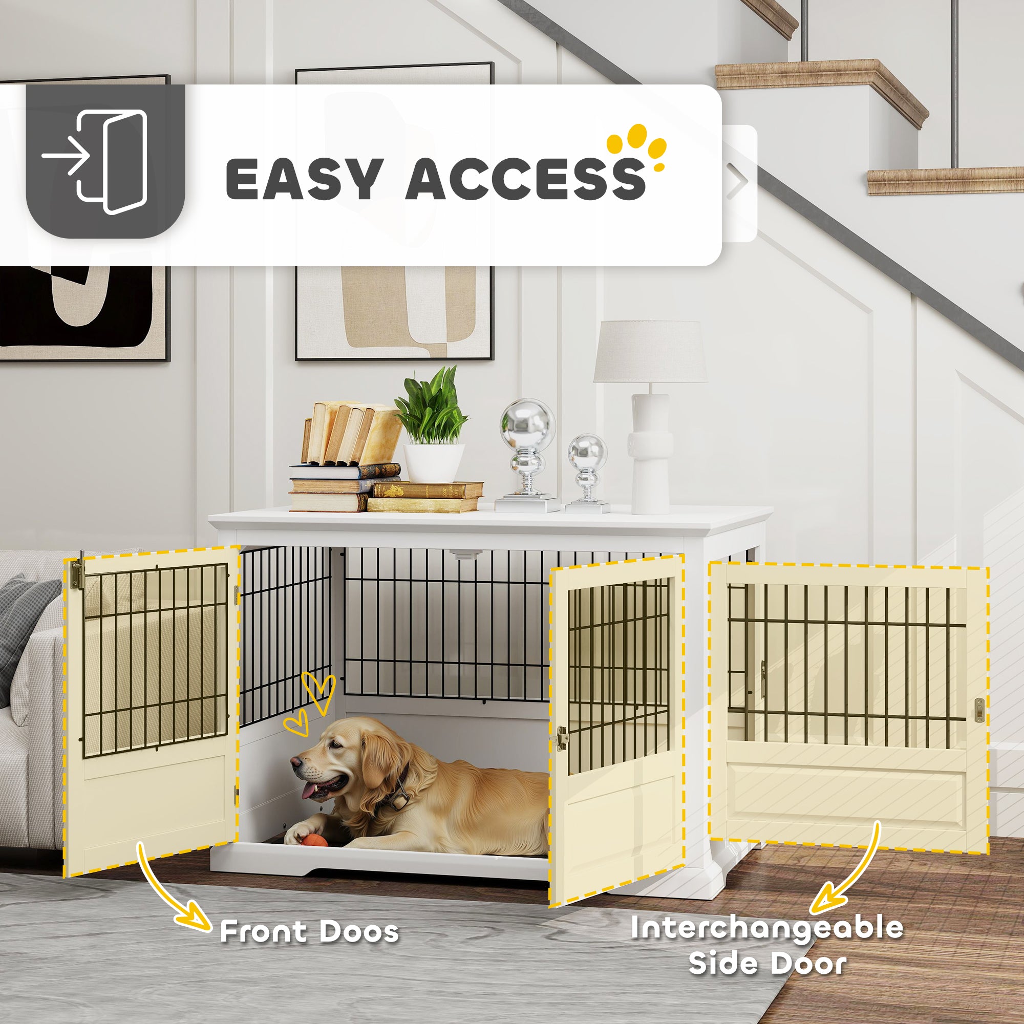 PawHut Dog Crate Furniture, 43" Dog Kennel End Table with 3 Doors, Removable Tray, Indoor Dog Cage for Extra Large Medium Small Dogs, White