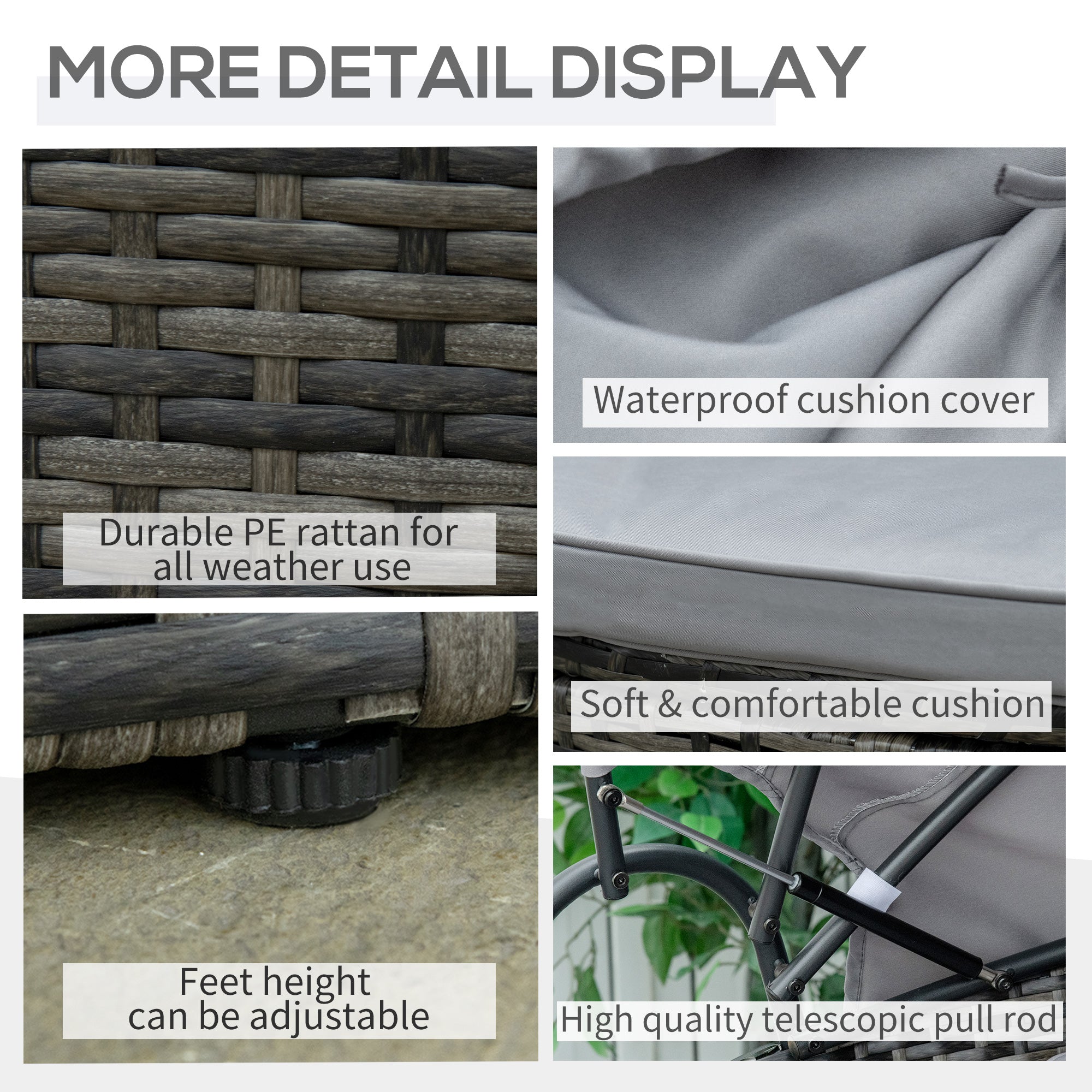 Outsunny 2 Pieces Rattan Outdoor Daybed with Retractable Canopy, Wicker Round Patio Daybed Set with Cushions & Pillows, Sectional Outdoor Sofa Set for Porch, Backyard, Mixed Grey