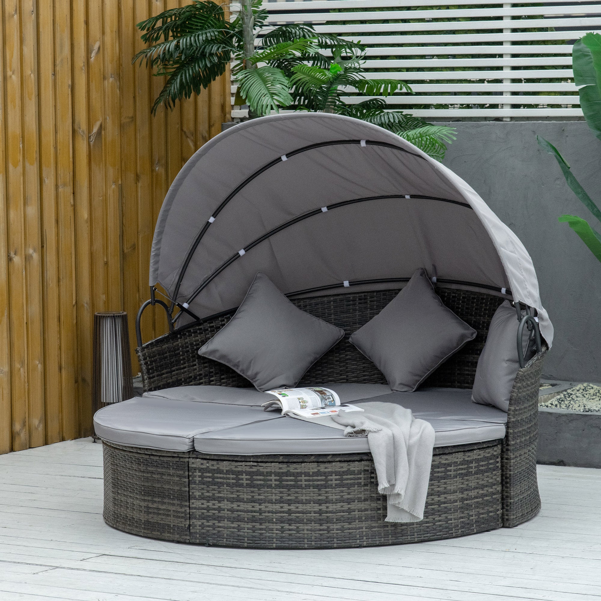 Outsunny 2 Pieces Rattan Outdoor Daybed with Retractable Canopy, Wicker Round Patio Daybed Set with Cushions & Pillows, Sectional Outdoor Sofa Set for Porch, Backyard, Mixed Grey