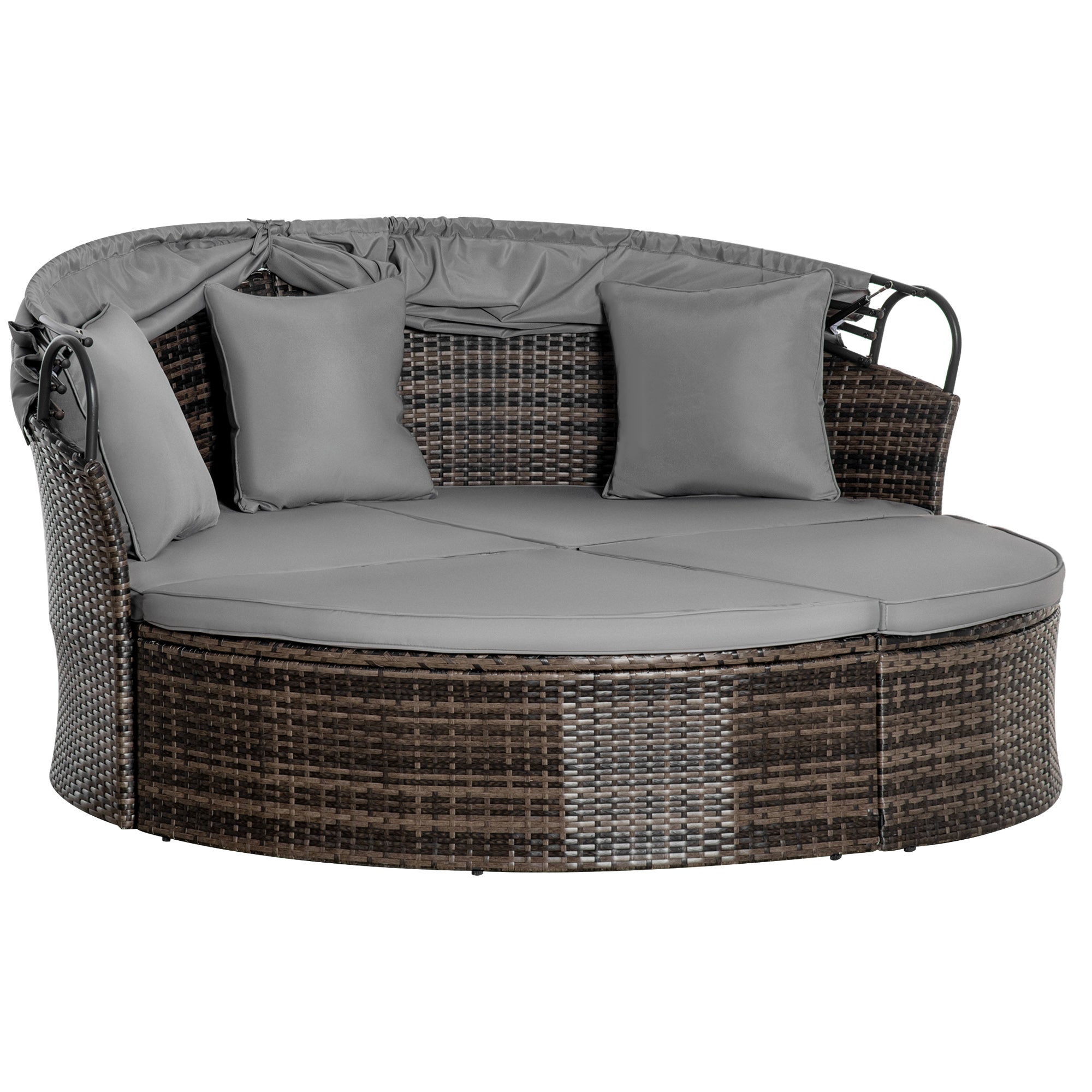 Outsunny 2 Pieces Rattan Outdoor Daybed with Retractable Canopy, Wicker Round Patio Daybed Set with Cushions & Pillows, Sectional Outdoor Sofa Set for Porch, Backyard, Mixed Grey