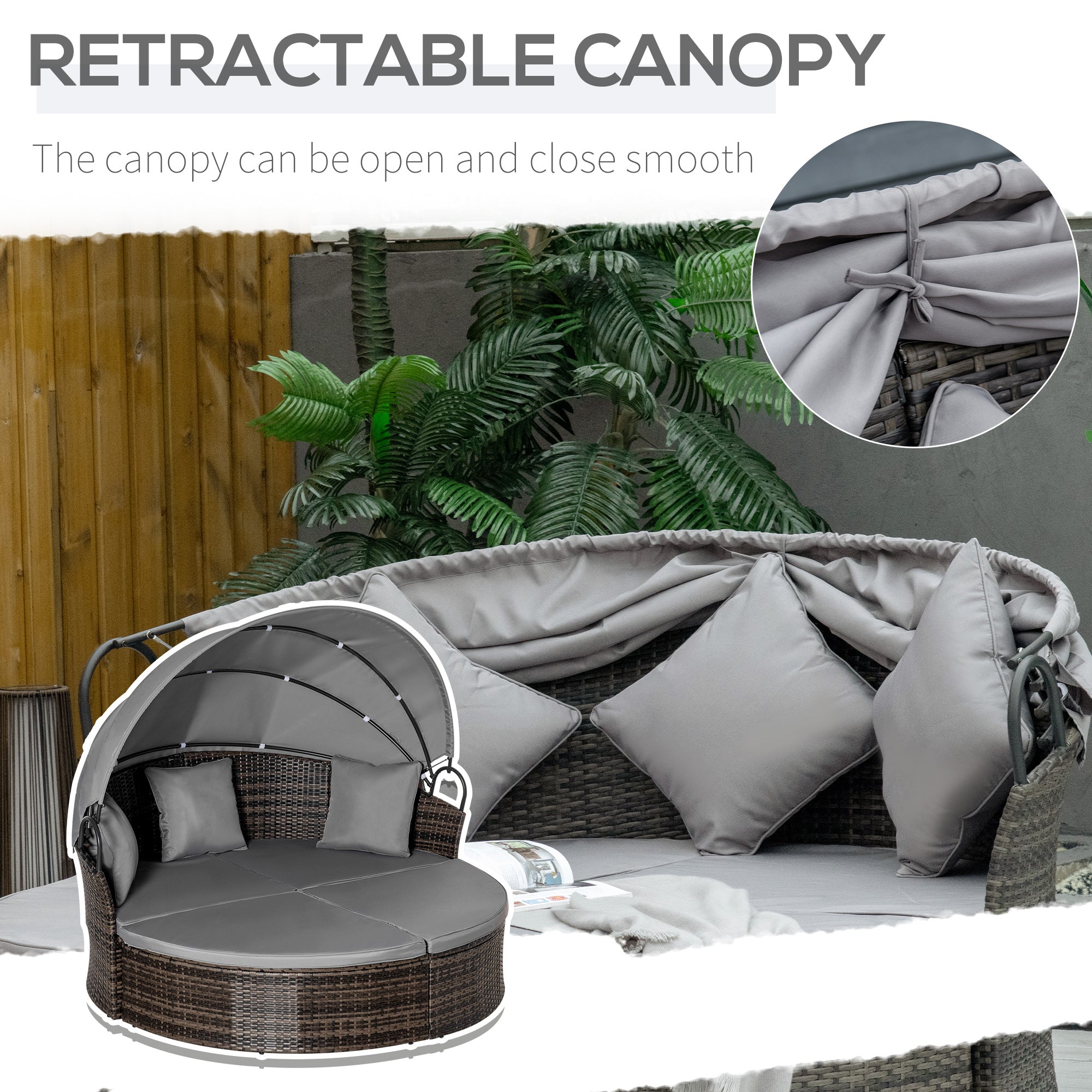 Outsunny 2 Pieces Rattan Outdoor Daybed with Retractable Canopy, Wicker Round Patio Daybed Set with Cushions & Pillows, Sectional Outdoor Sofa Set for Porch, Backyard, Mixed Grey