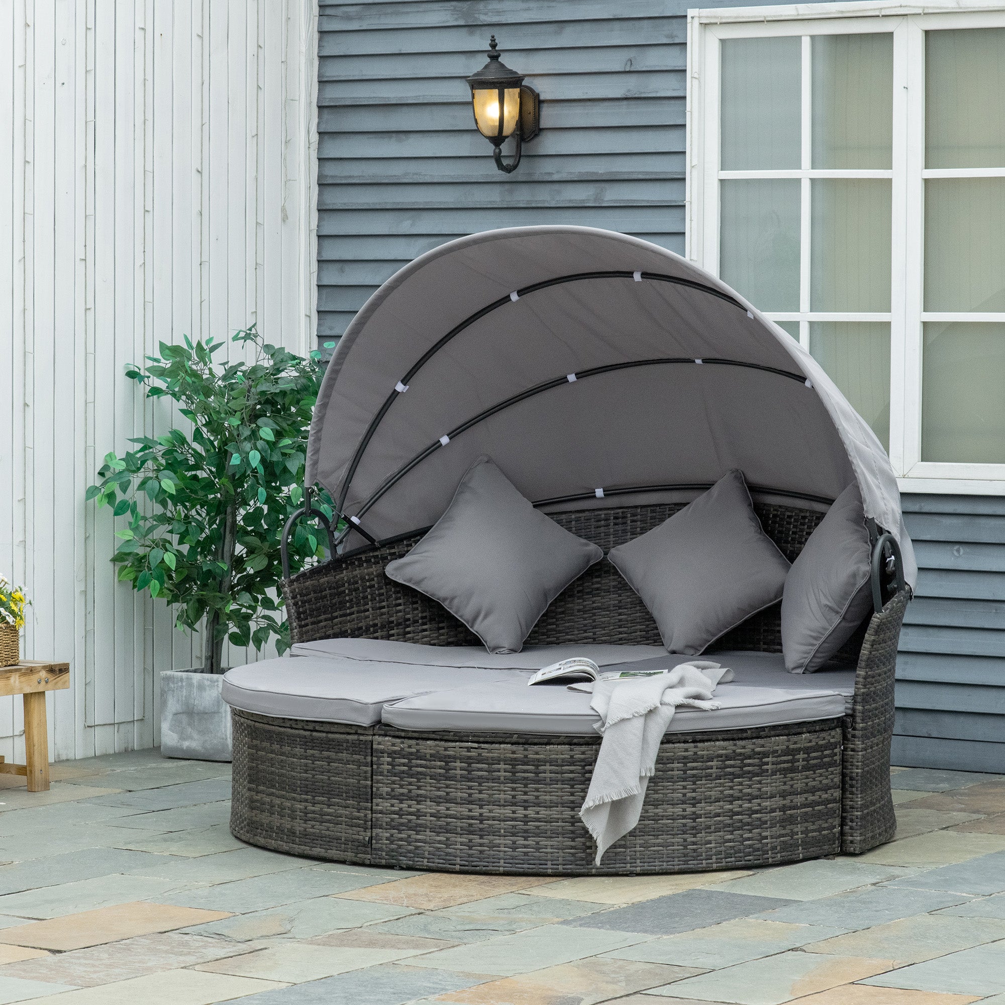 Outsunny 2 Pieces Rattan Outdoor Daybed with Retractable Canopy, Wicker Round Patio Daybed Set with Cushions & Pillows, Sectional Outdoor Sofa Set for Porch, Backyard, Mixed Grey