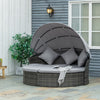 Outsunny 2 Pieces Rattan Outdoor Daybed with Retractable Canopy, Wicker Round Patio Daybed Set with Cushions & Pillows, Sectional Outdoor Sofa Set for Porch, Backyard, Mixed Grey