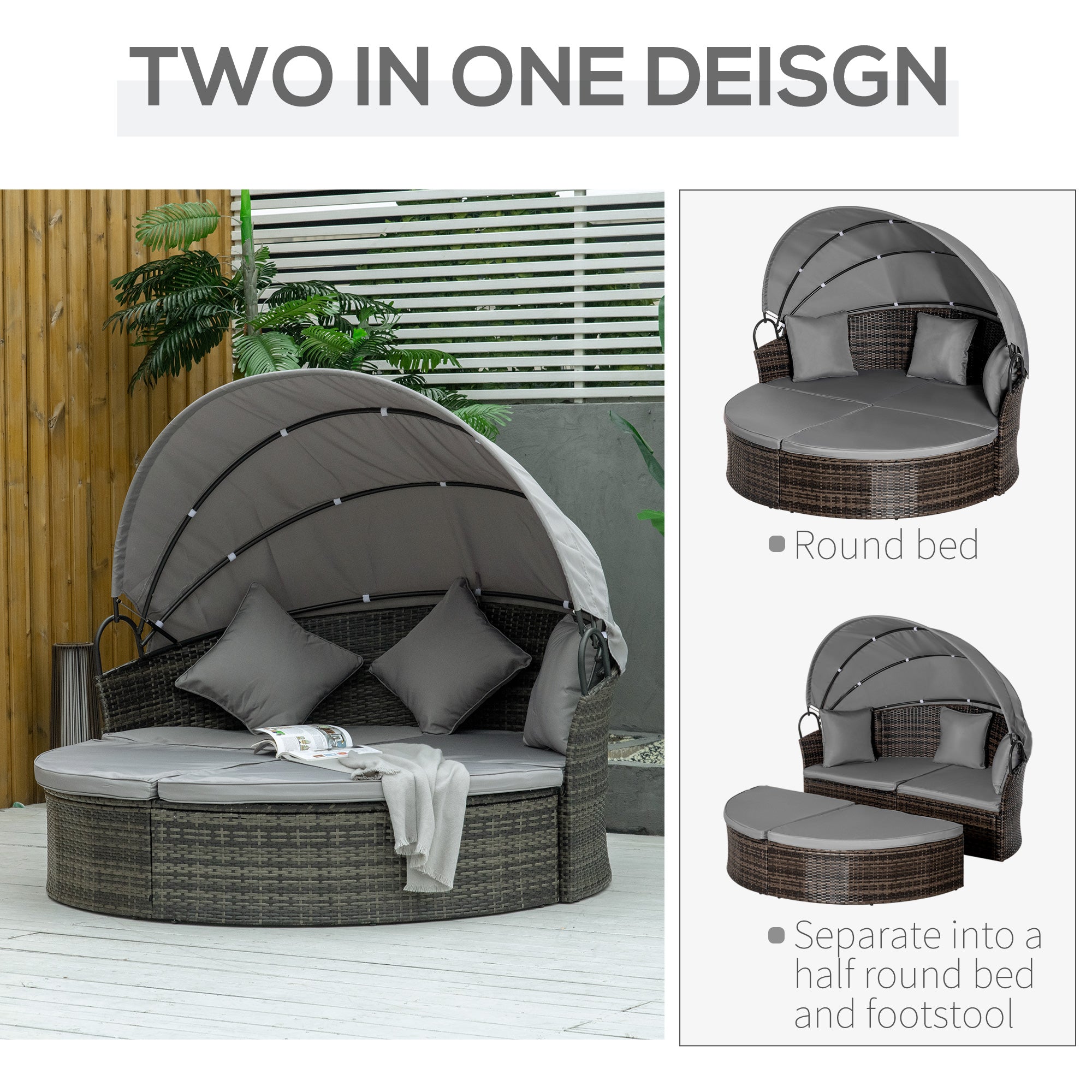 Outsunny 2 Pieces Rattan Outdoor Daybed with Retractable Canopy, Wicker Round Patio Daybed Set with Cushions & Pillows, Sectional Outdoor Sofa Set for Porch, Backyard, Mixed Grey