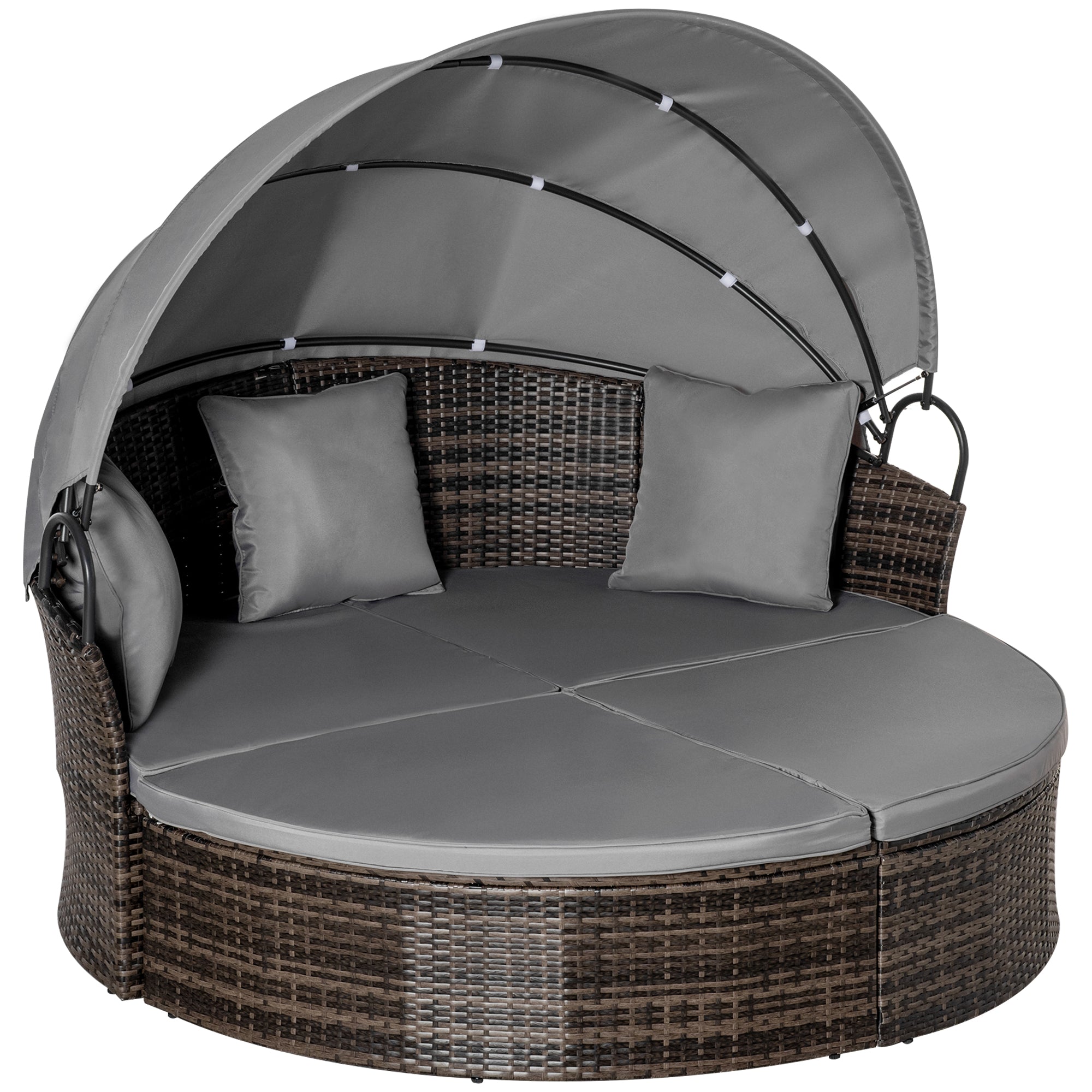 Outsunny 2 Pieces Rattan Outdoor Daybed with Retractable Canopy, Wicker Round Patio Daybed Set with Cushions & Pillows, Sectional Outdoor Sofa Set for Porch, Backyard, Mixed Grey