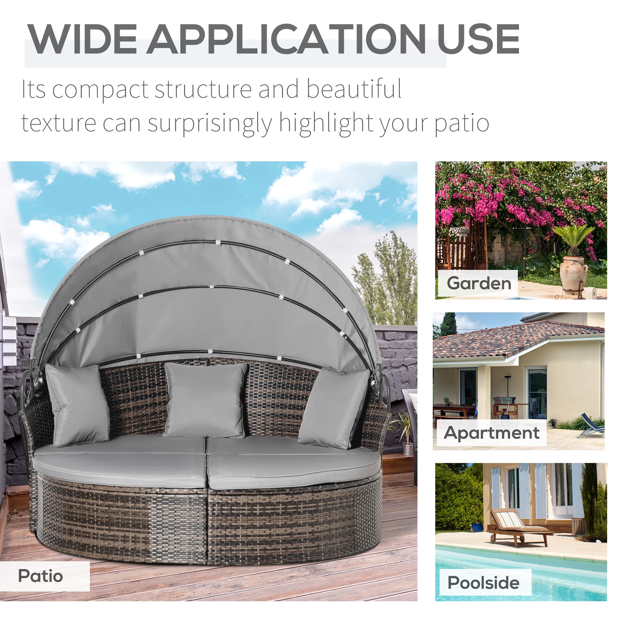 Outsunny 2 Pieces Rattan Outdoor Daybed with Retractable Canopy, Wicker Round Patio Daybed Set with Cushions & Pillows, Sectional Outdoor Sofa Set for Porch, Backyard, Mixed Grey