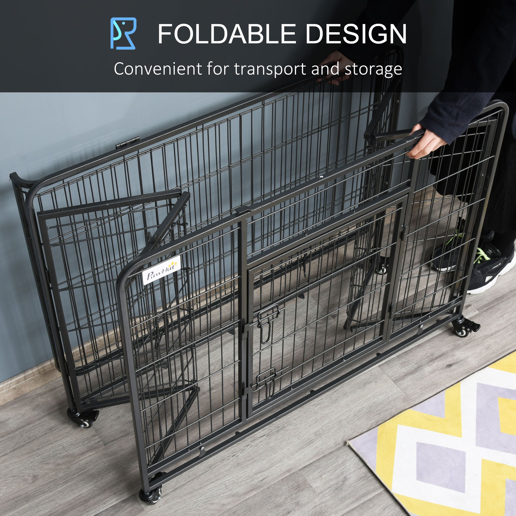 PawHut Folding Heavy Duty Dog Crate Heavy Duty Cage for Large Sized Dogs with Double Doors, Lockable Wheels Tray, 43