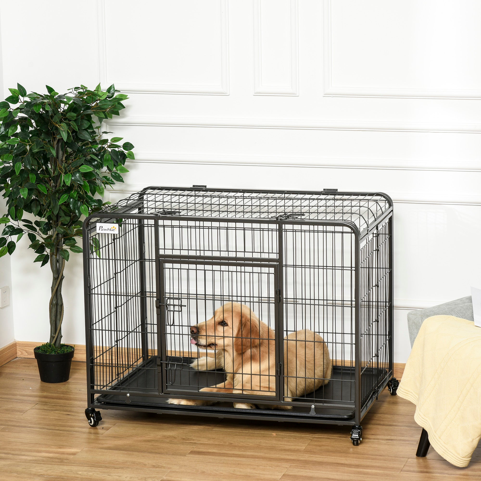 PawHut Folding Heavy Duty Dog Crate Heavy Duty Cage for Large Sized Dogs with Double Doors, Lockable Wheels Tray, 43