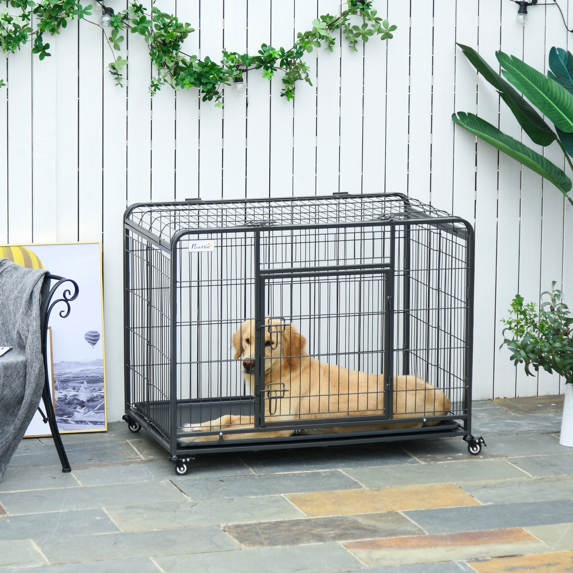 PawHut Folding Heavy Duty Dog Crate Heavy Duty Cage for Large Sized Dogs with Double Doors, Lockable Wheels Tray, 43