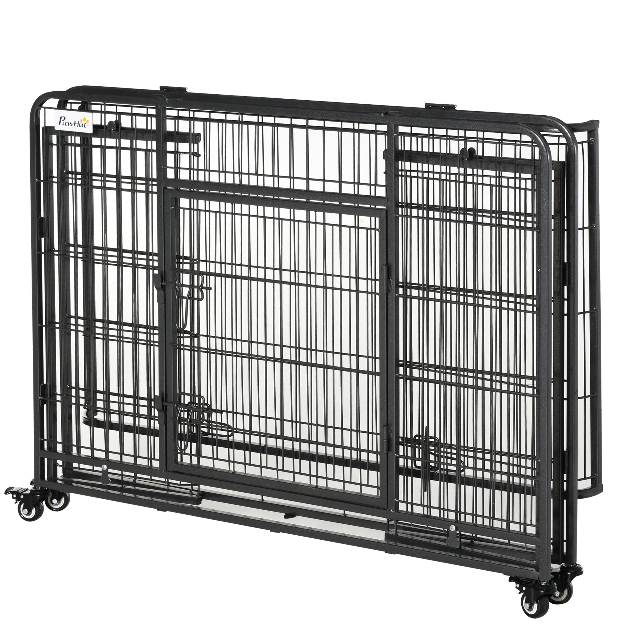 PawHut Folding Heavy Duty Dog Crate Heavy Duty Cage for Large Sized Dogs with Double Doors, Lockable Wheels Tray, 43