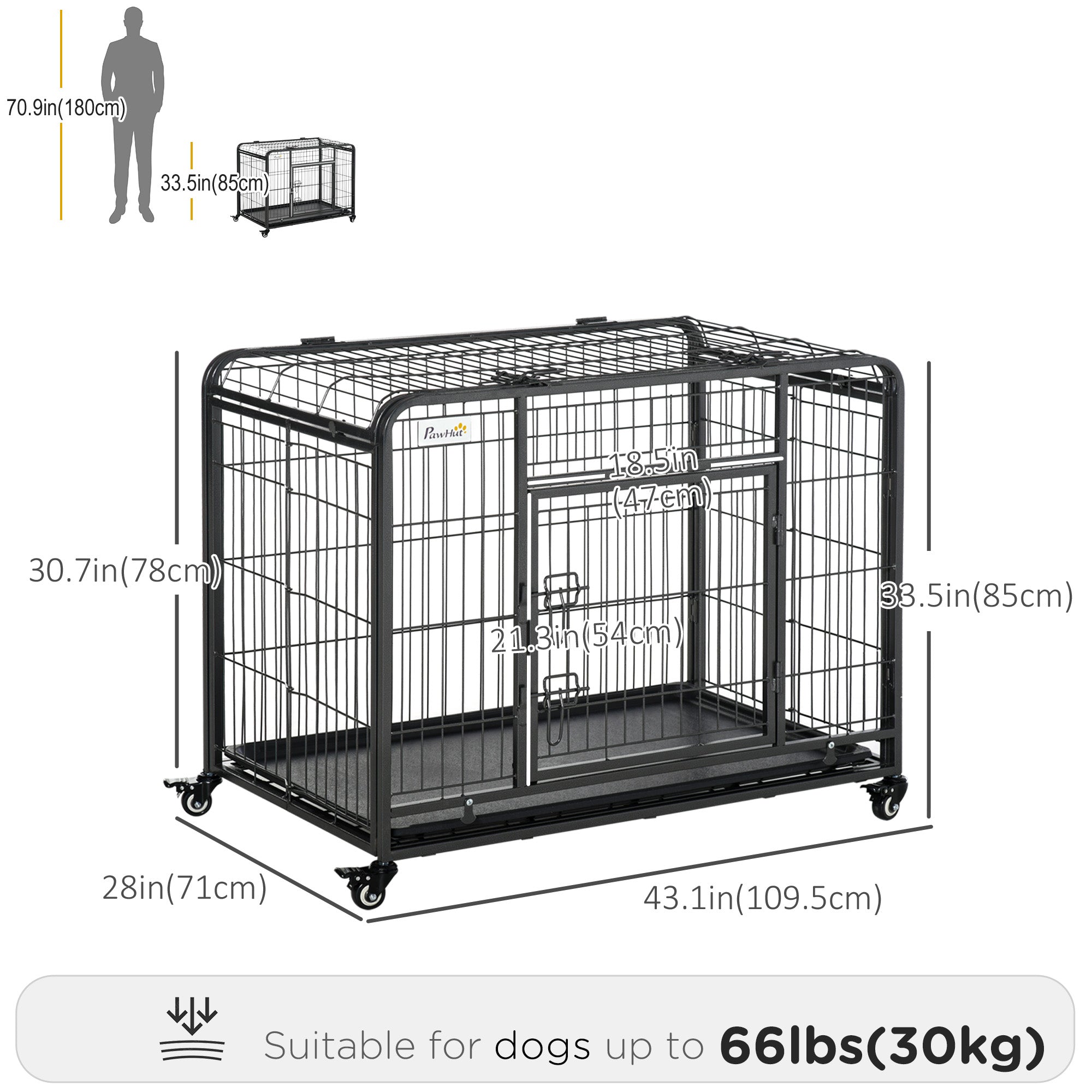 PawHut Folding Heavy Duty Dog Crate Heavy Duty Cage for Large Sized Dogs with Double Doors, Lockable Wheels Tray, 43