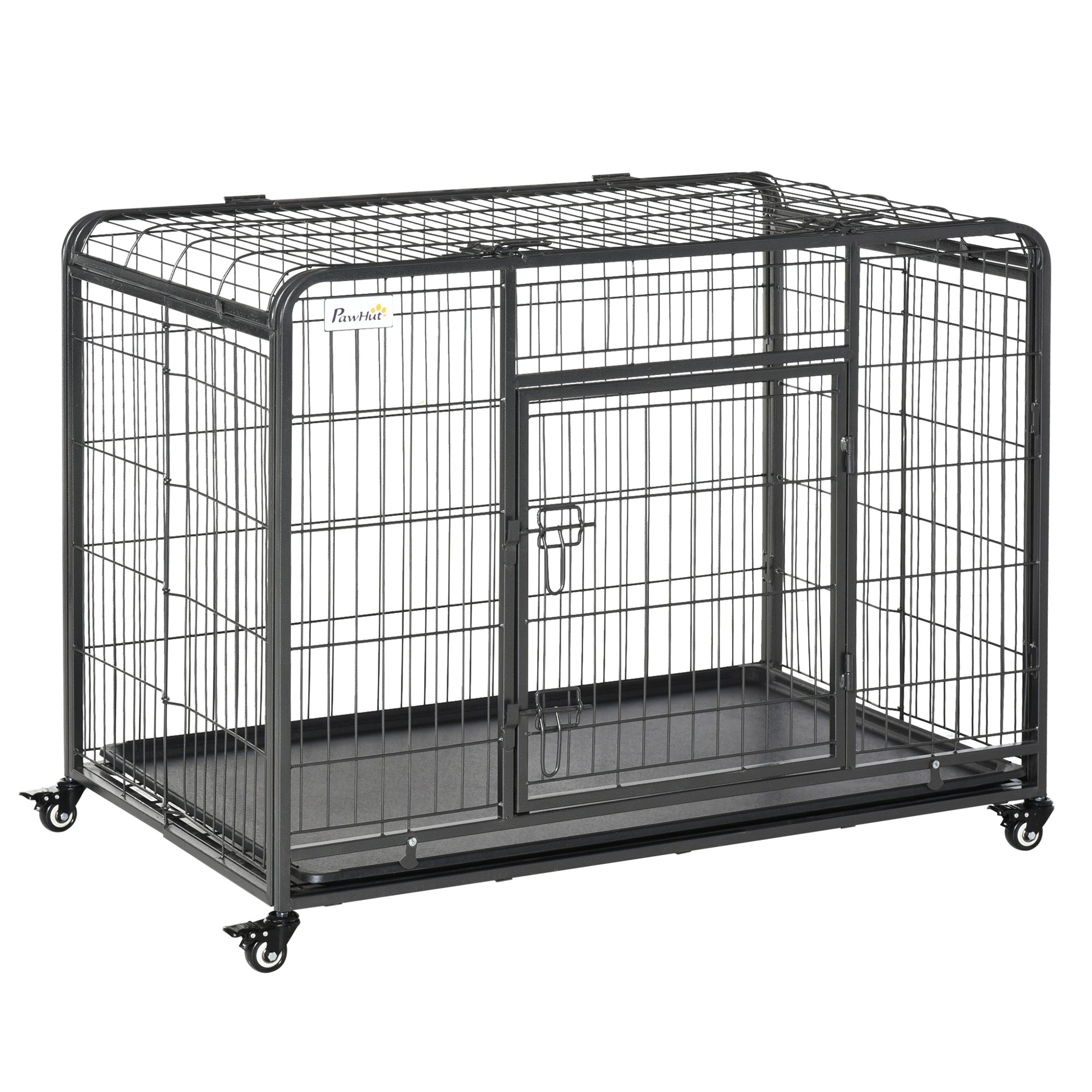 PawHut Folding Heavy Duty Dog Crate Heavy Duty Cage for Large Sized Dogs with Double Doors, Lockable Wheels Tray, 43