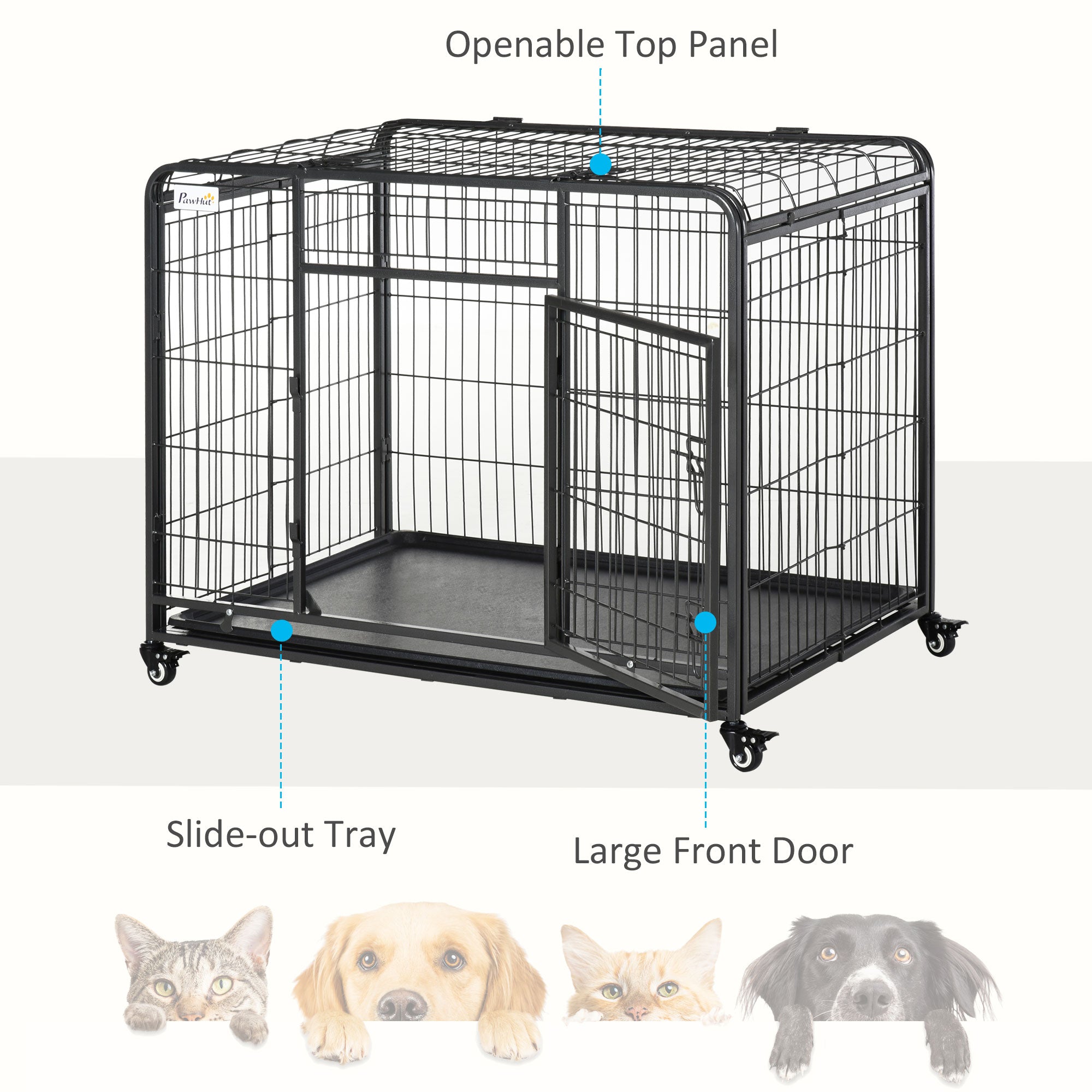 PawHut Folding Heavy Duty Dog Crate Heavy Duty Cage for Large Sized Dogs with Double Doors, Lockable Wheels Tray, 43