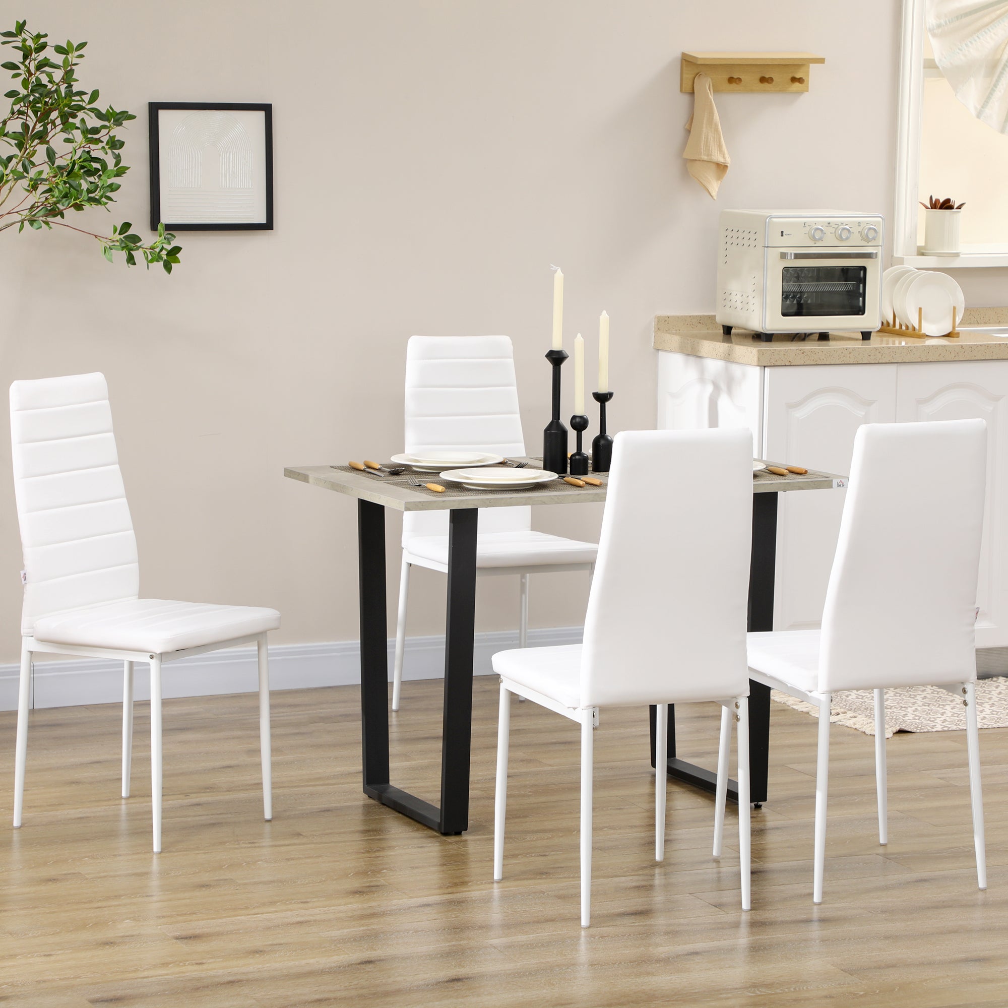 HOMCOM Modern Dining Chairs Set of 4, Upholstered PU Leather Kitchen Chairs with Channel Tufting and Metal Legs for Living Room, Dining Room, Bedroom, White