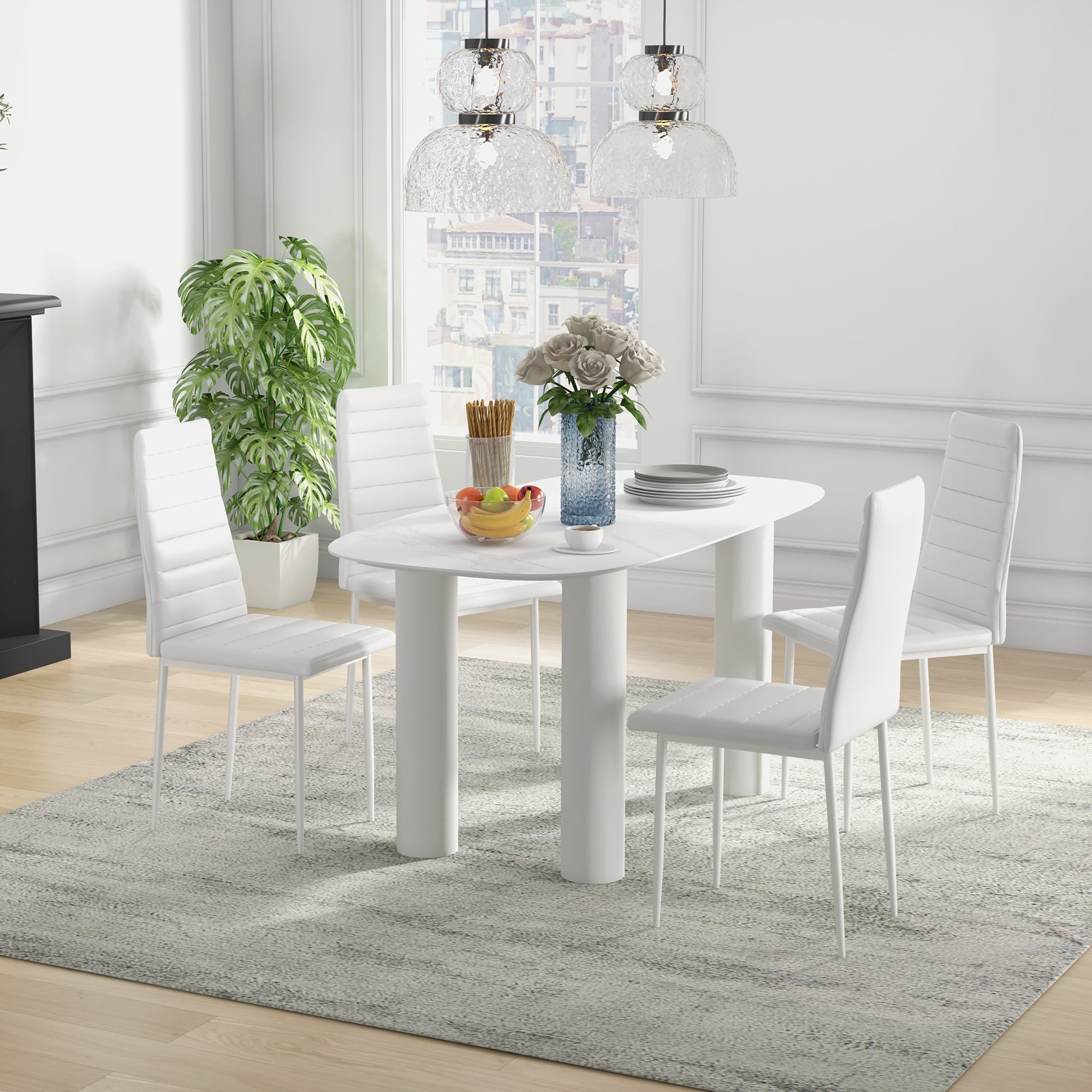 HOMCOM Modern Dining Chairs Set of 4, Upholstered PU Leather Kitchen Chairs with Channel Tufting and Metal Legs for Living Room, Dining Room, Bedroom, White