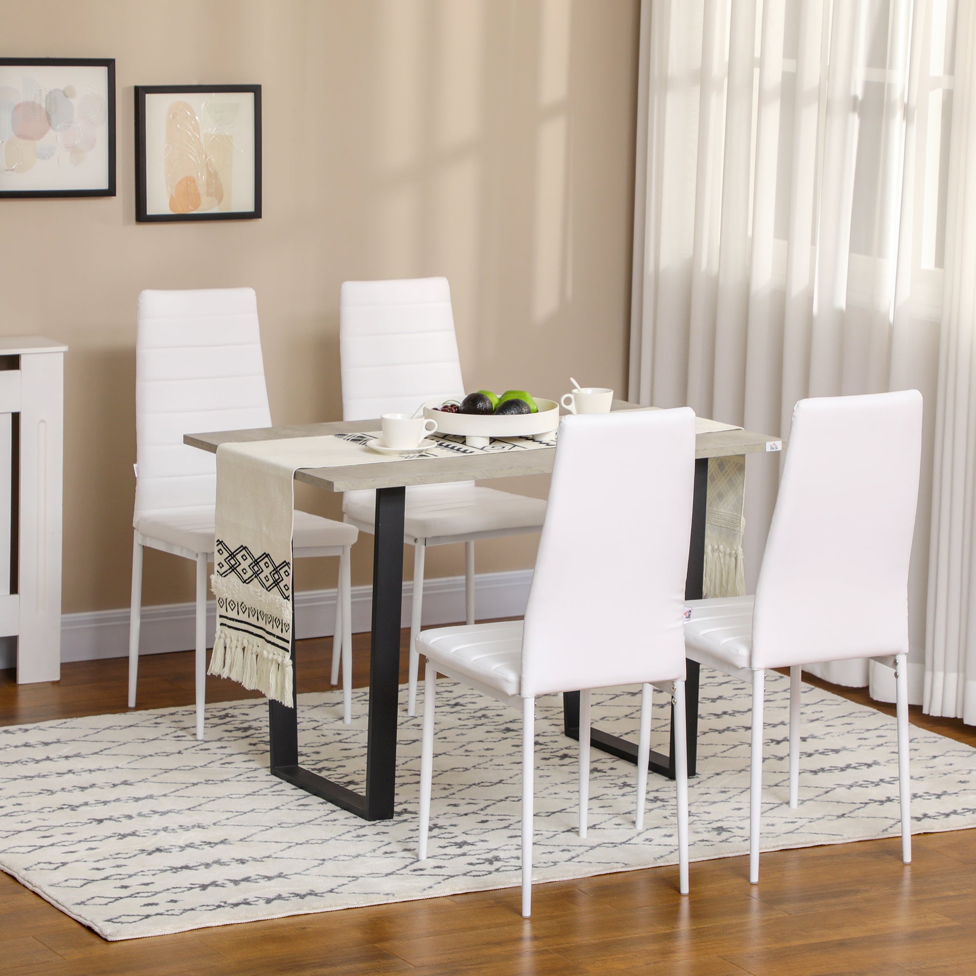 HOMCOM Modern Dining Chairs Set of 4, Upholstered PU Leather Kitchen Chairs with Channel Tufting and Metal Legs for Living Room, Dining Room, Bedroom, White