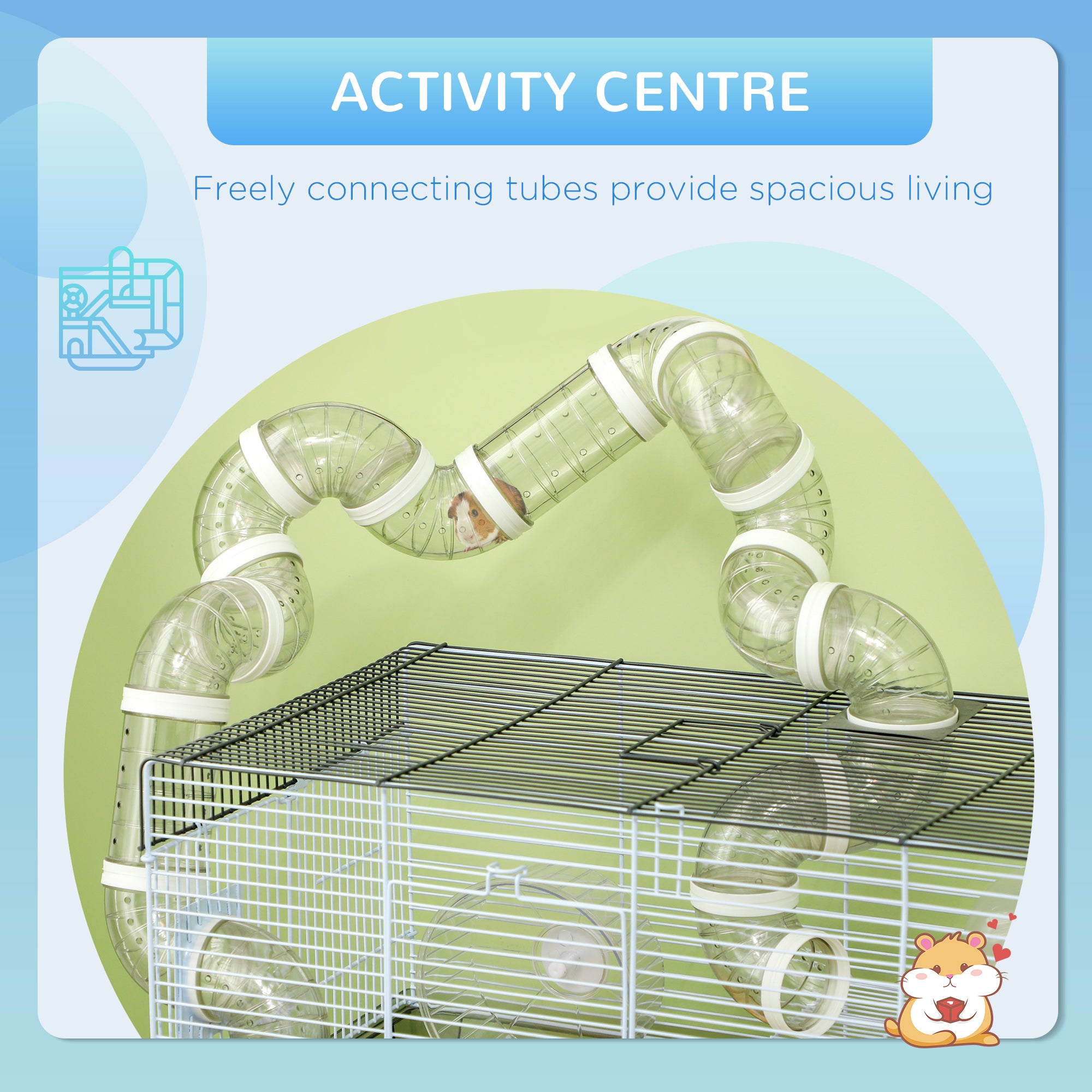 PawHut Hamster Cage, 2 Levels Gerbil Cage, Small Animal Cage for Dwarf Hamster with Tubes and Tunnels, Exercise Wheel, Food Dish, Water Bottle, Ramp, 23" x 13" x 12", Gray
