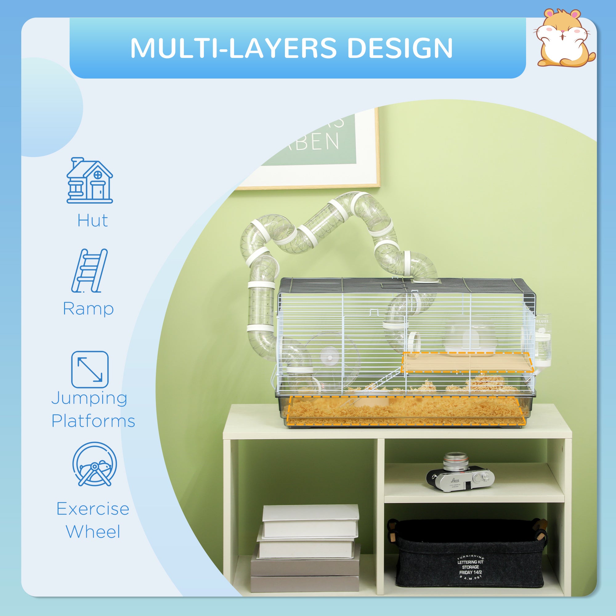PawHut Hamster Cage, 2 Levels Gerbil Cage, Small Animal Cage for Dwarf Hamster with Tubes and Tunnels, Exercise Wheel, Food Dish, Water Bottle, Ramp, 23" x 13" x 12", Gray