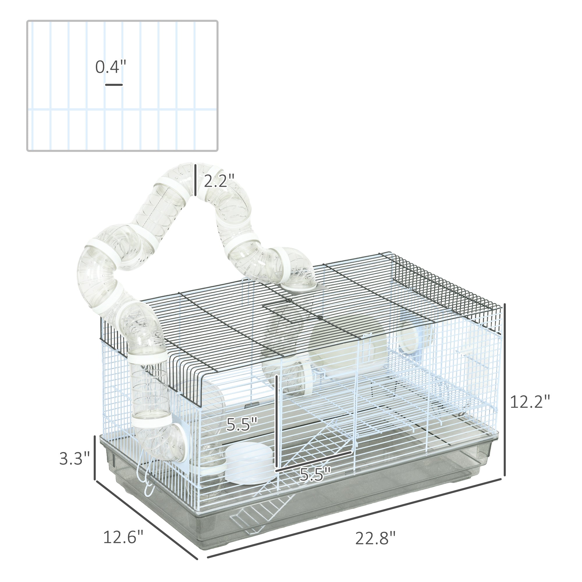 PawHut Hamster Cage, 2 Levels Gerbil Cage, Small Animal Cage for Dwarf Hamster with Tubes and Tunnels, Exercise Wheel, Food Dish, Water Bottle, Ramp, 23" x 13" x 12", Gray