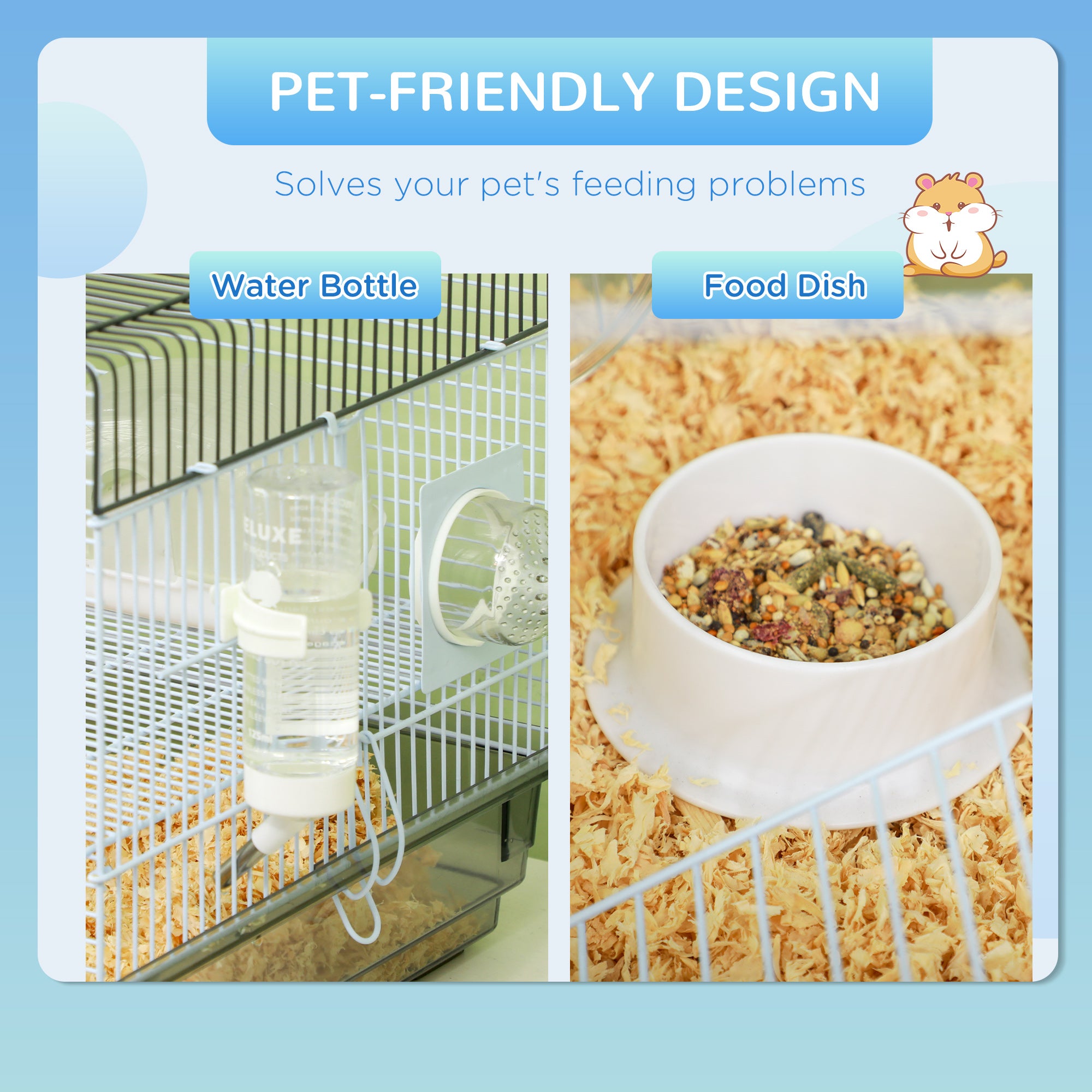 PawHut Hamster Cage, 2 Levels Gerbil Cage, Small Animal Cage for Dwarf Hamster with Tubes and Tunnels, Exercise Wheel, Food Dish, Water Bottle, Ramp, 23" x 13" x 12", Gray