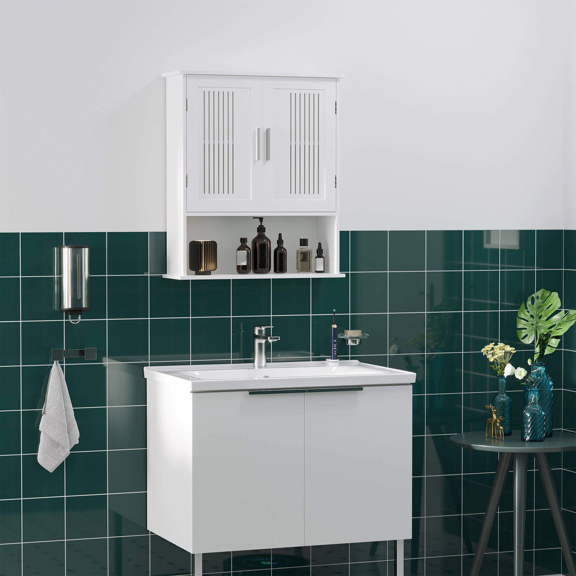 kleankin Modern Bathroom Cabinet, Wall Mounted Medicine Cabinet, Storage Organizer with 2 Door Cabinet and Shelf, White