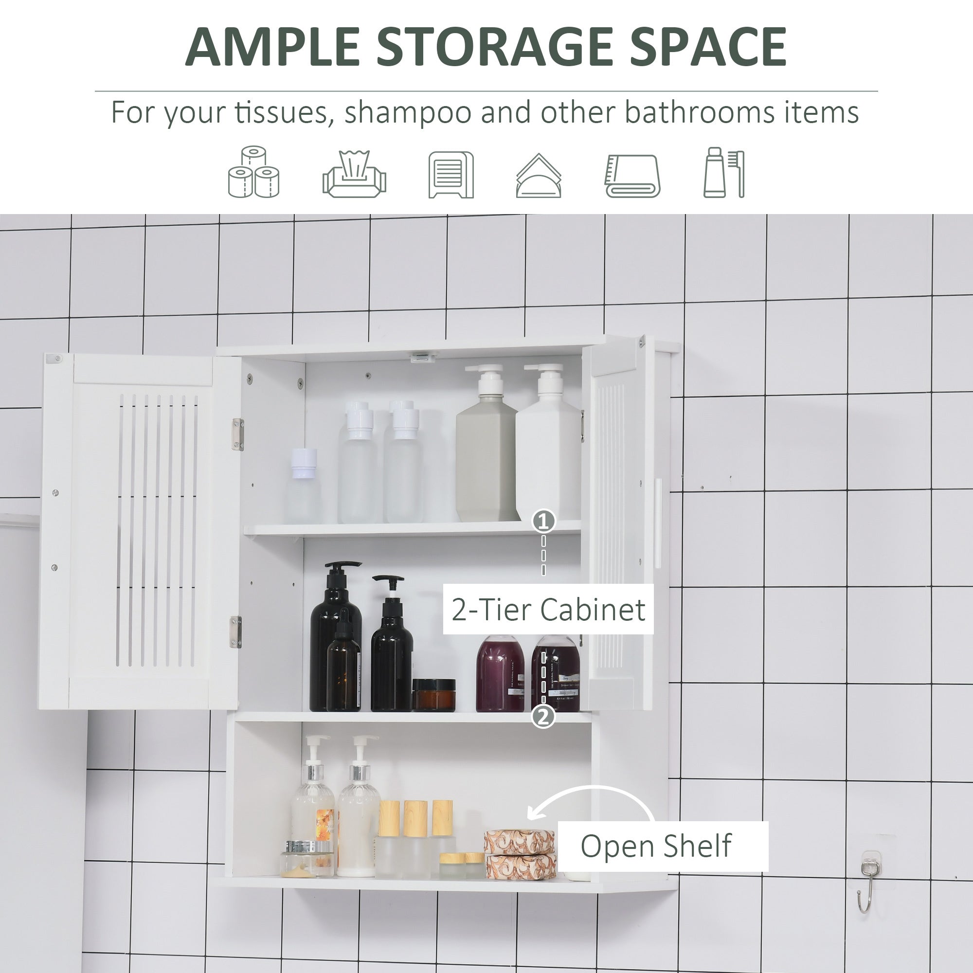 kleankin Modern Bathroom Cabinet, Wall Mounted Medicine Cabinet, Storage Organizer with 2 Door Cabinet and Shelf, White