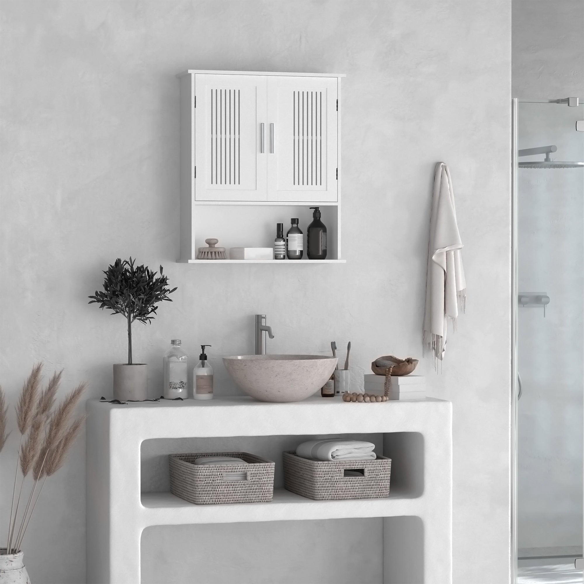 kleankin Modern Bathroom Cabinet, Wall Mounted Medicine Cabinet, Storage Organizer with 2 Door Cabinet and Shelf, White
