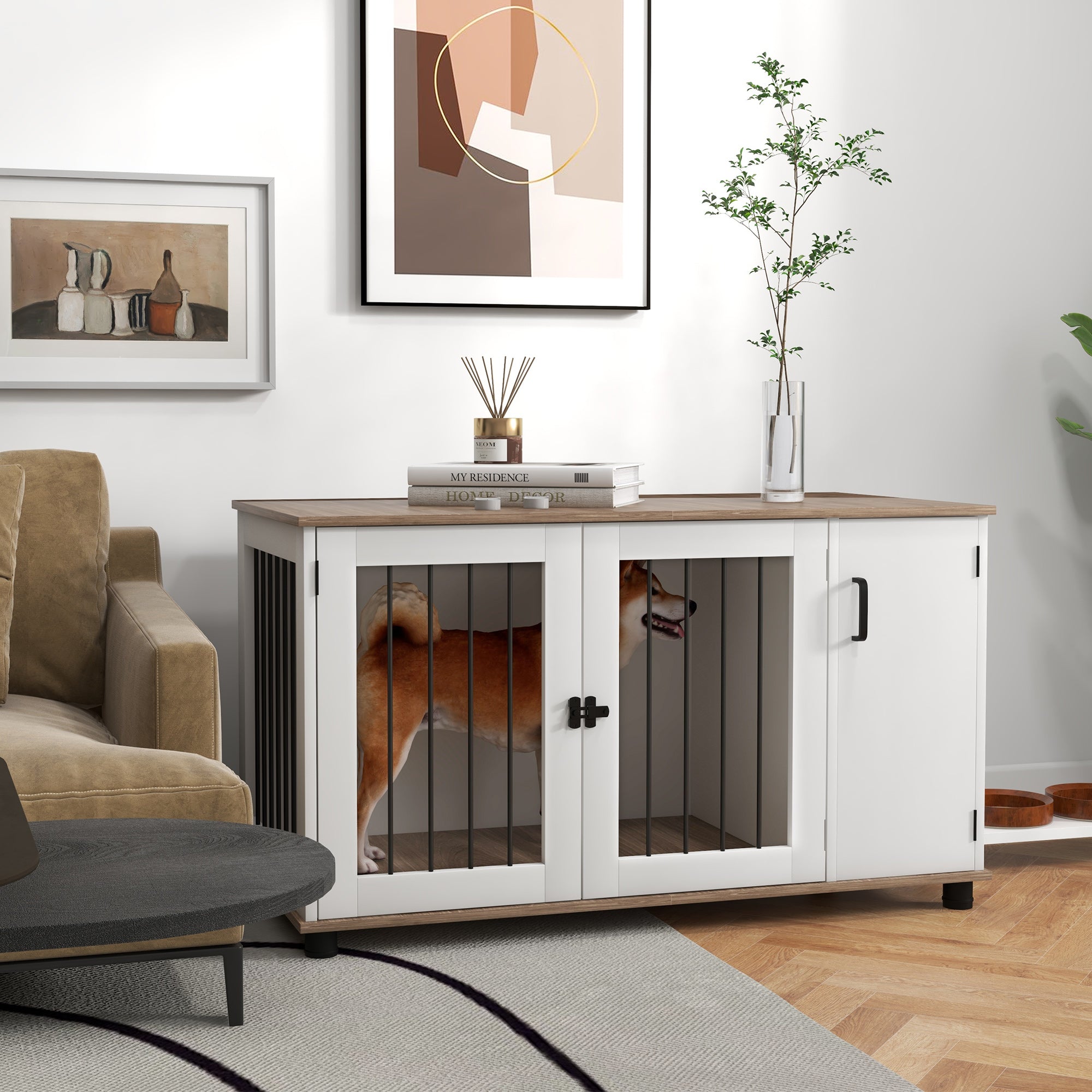 PawHut Dog Crate Furniture Side End Table with Storage, Dog Kennel Furniture Indoor with Double Doors for Medium and Large Dogs, Walnut