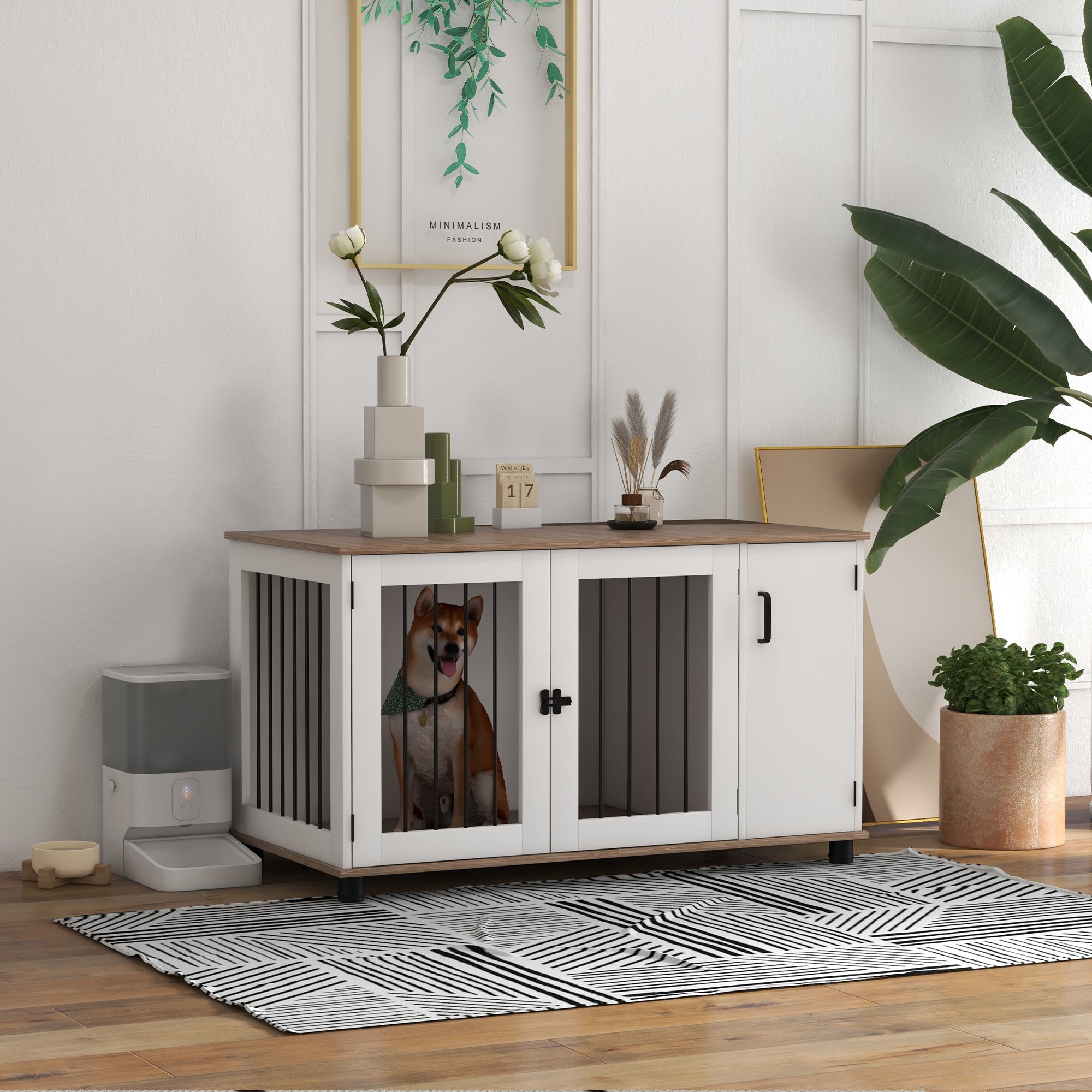 PawHut Dog Crate Furniture Side End Table with Storage, Dog Kennel Furniture Indoor with Double Doors for Medium and Large Dogs, Walnut