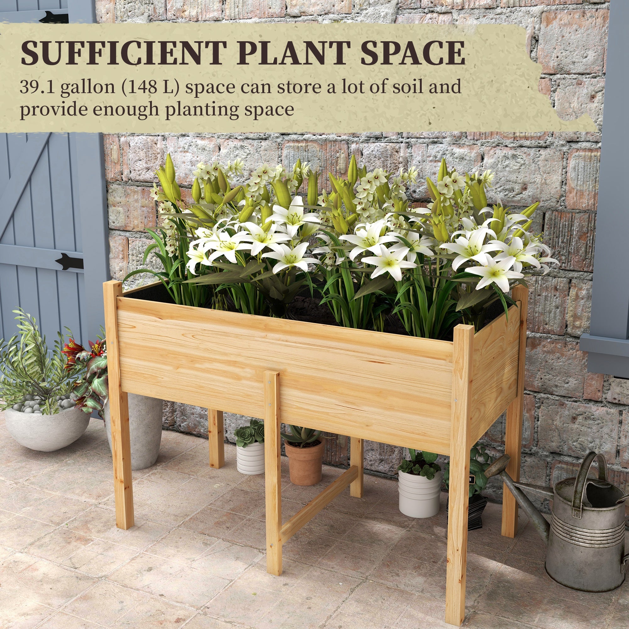 Outsunny Wooden Raised Garden Bed with Drain Holes, Bed Liner for Vegetables, Flowers, Herbs, Outdoor Elevated Planter Box with Legs for Backyard Patio, 45.3"x21.7"x31.5", Natural